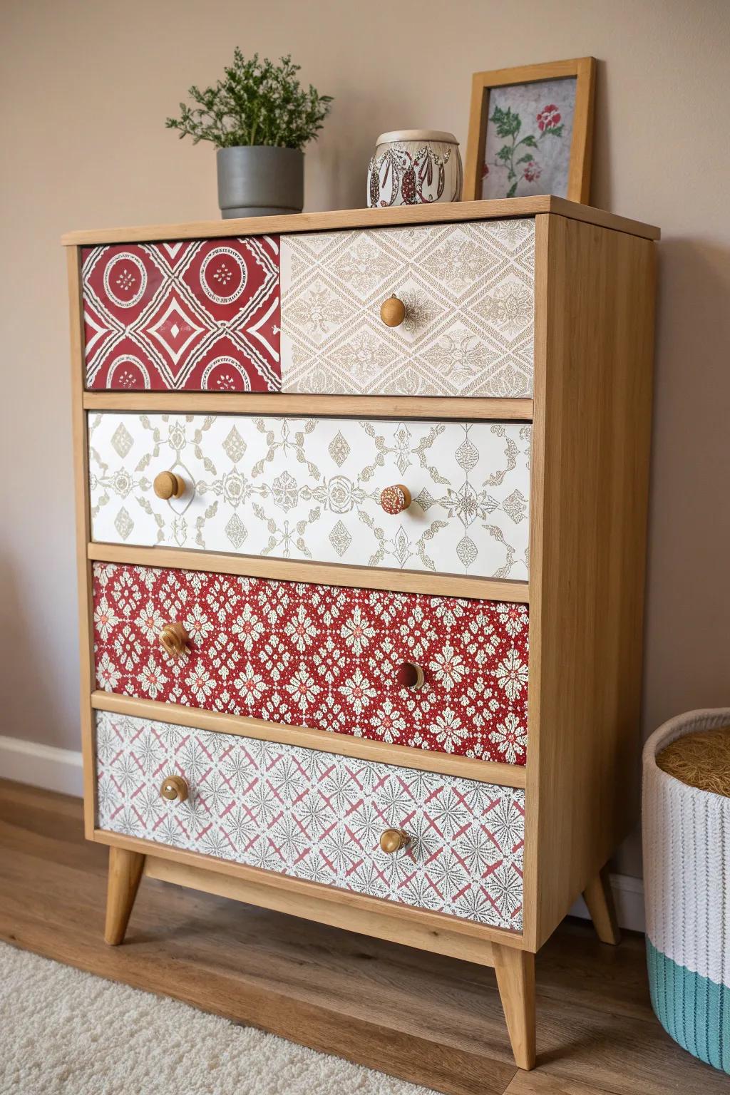 Transform your dresser with sustainable elegance using recycled gift wrap for a chic, eco-friendly look.