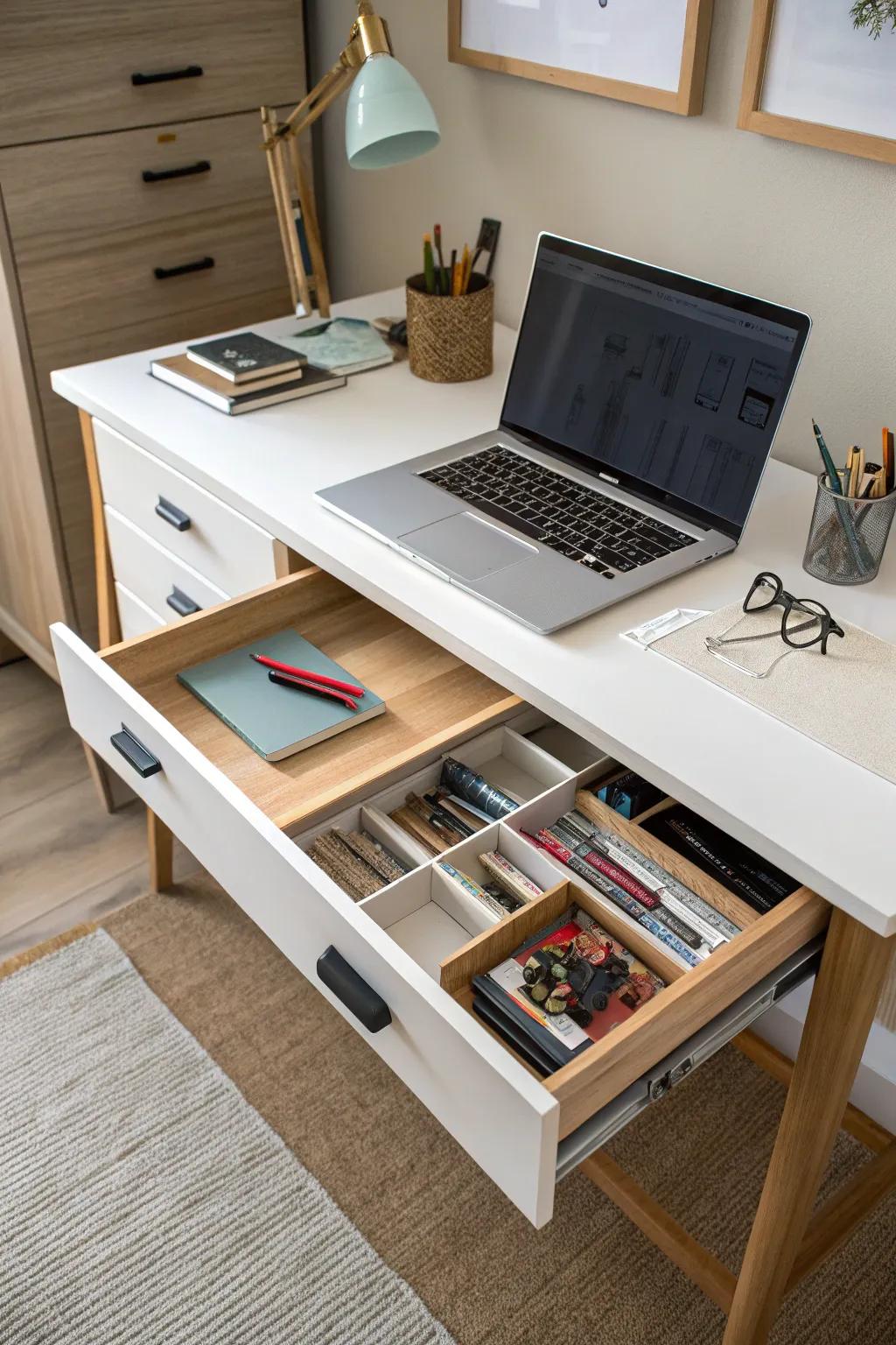 Hidden storage that keeps your desk clear.
