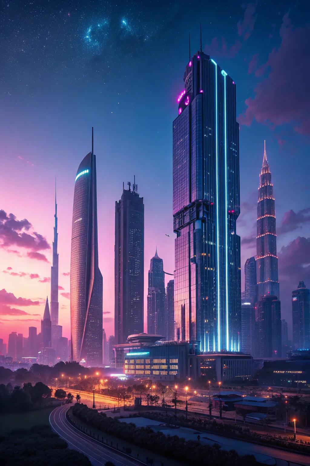 Discern the magnificence of what's ahead through this awe-inspiring ultra-modern cityscape that intermingles minimalist composition with striking neon tinges.