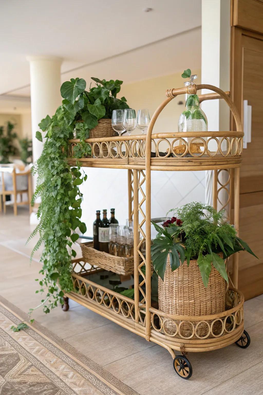 Transform your space with a rattan drinks cart and verdant greenery for the ultimate bohemian-chic vibe.