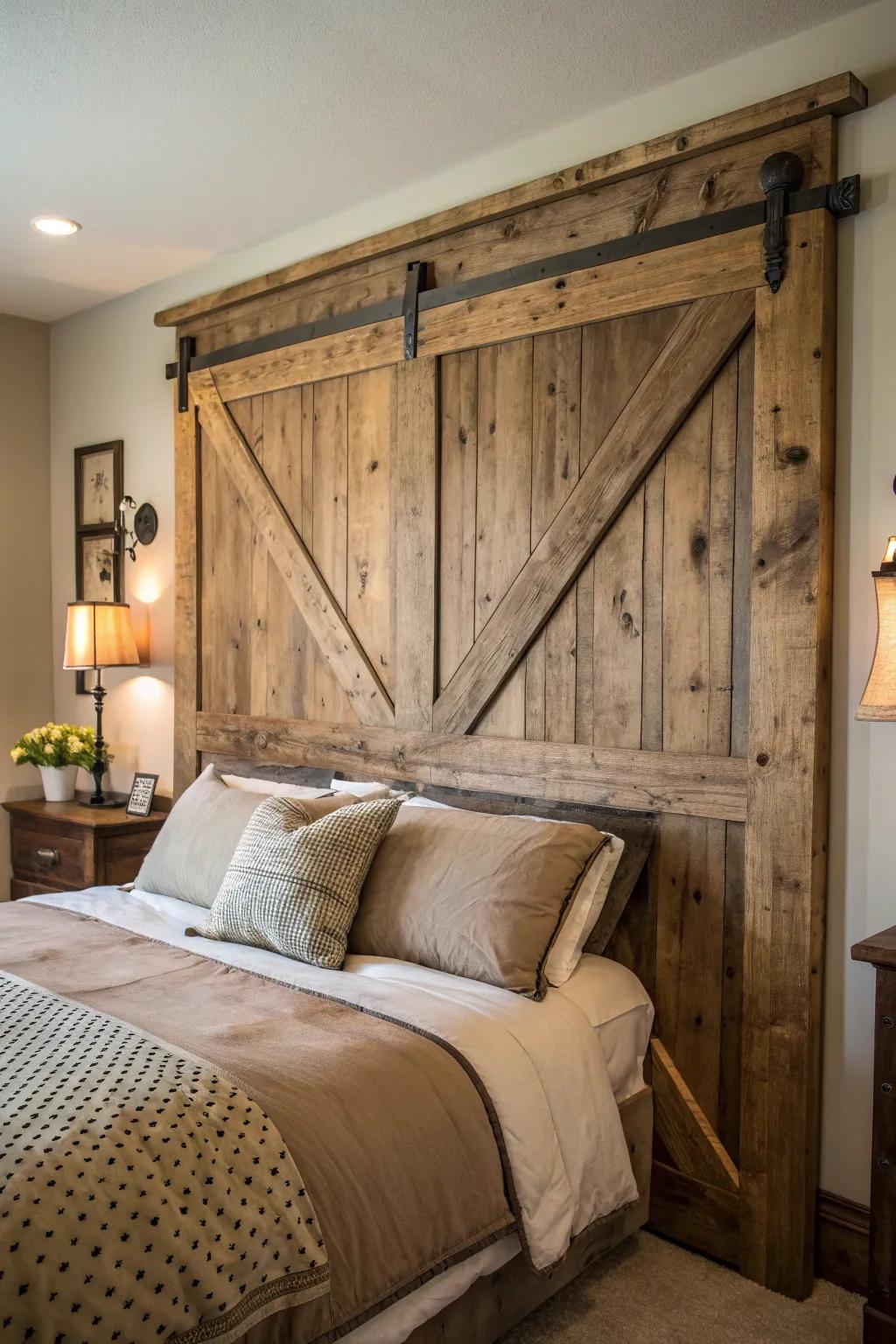 Transform your sleeping chamber using the countryside allure of a handcrafted barn door headboard.