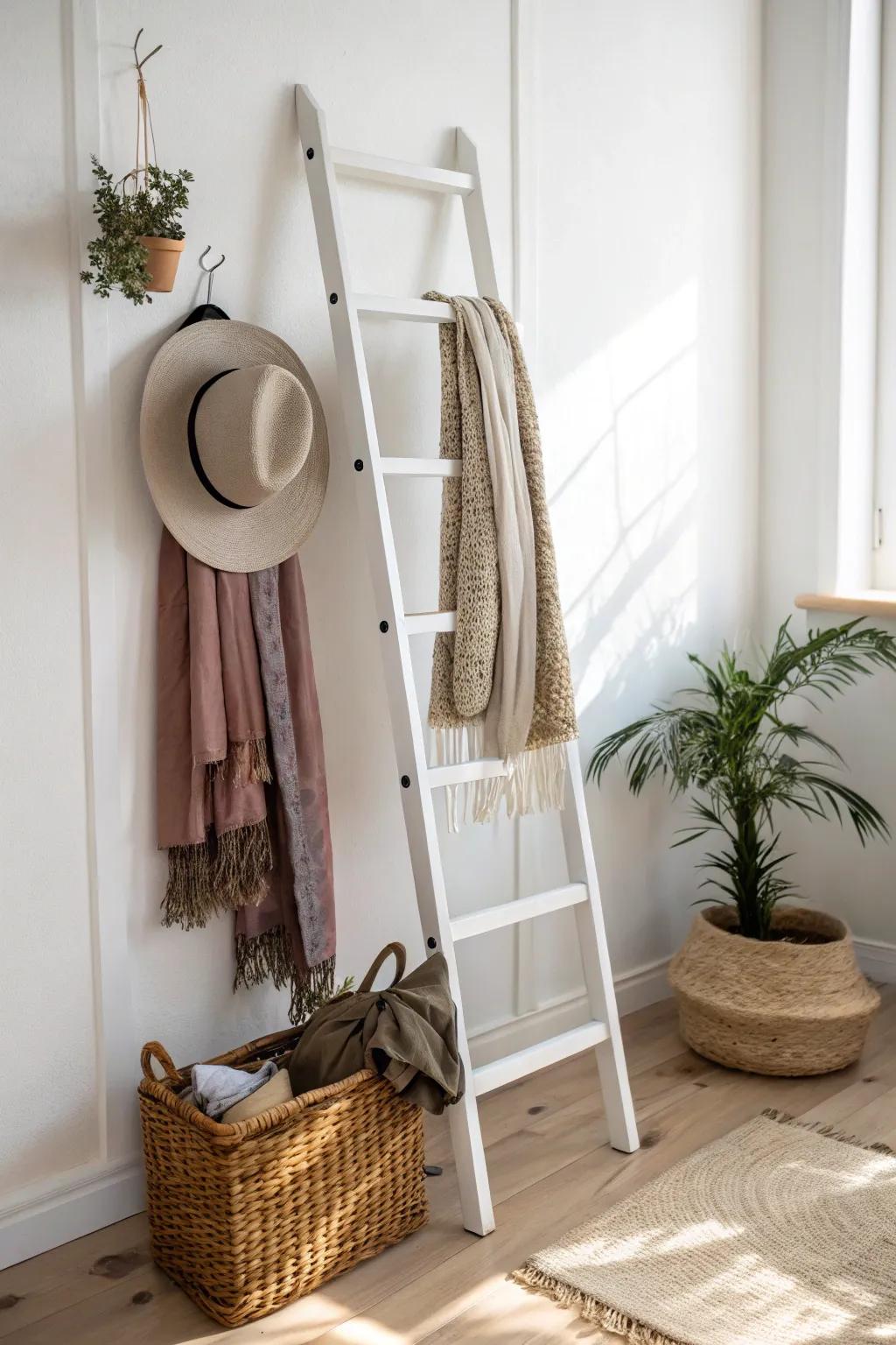 Transmute an aged graduated structure into a chic vintage garment stand, fusing Scandinavian simplicity with boho elegance. 🌿👒