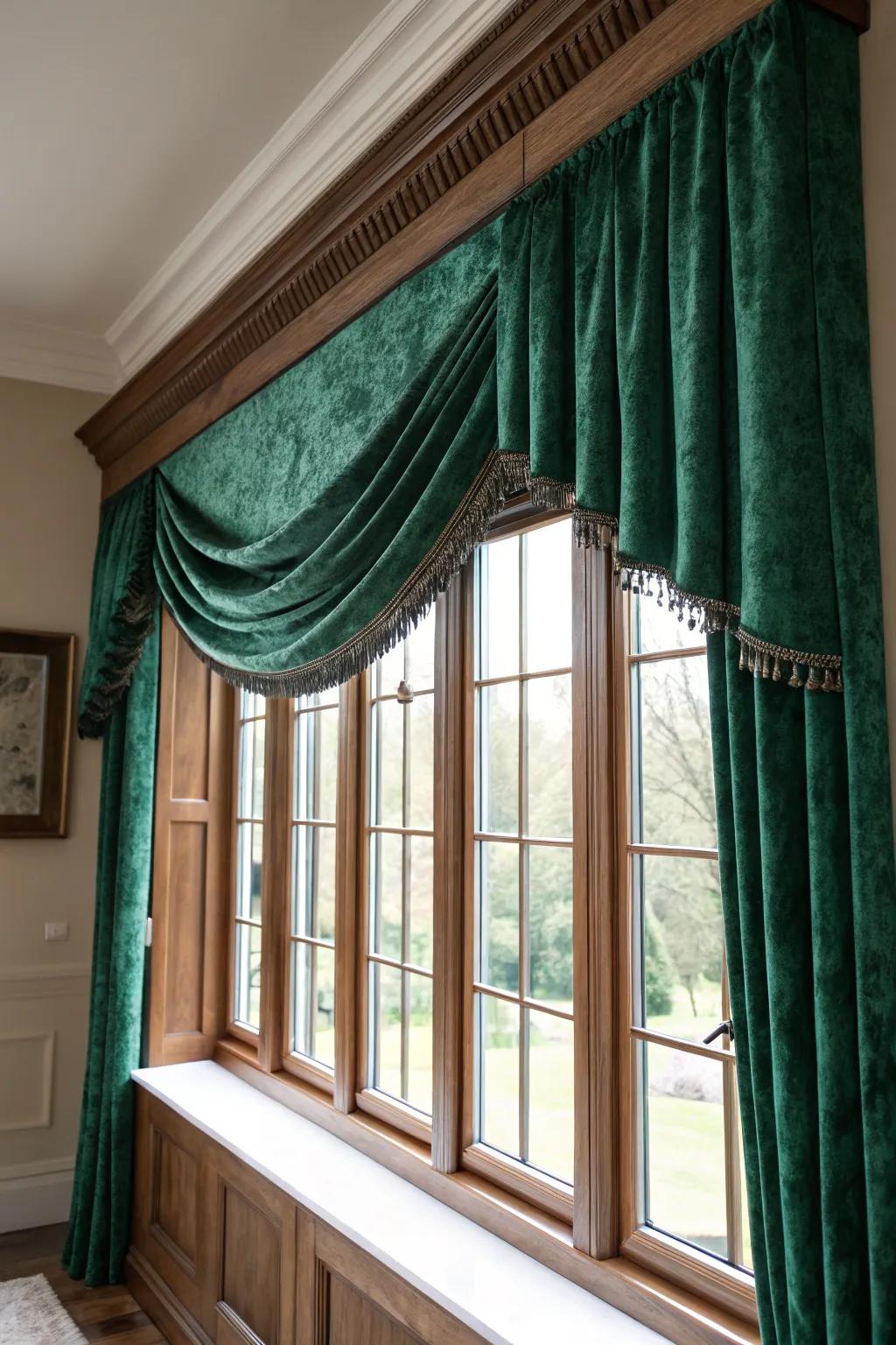 Elevate your environment via the opulence of a velvet-adorned cornice board.