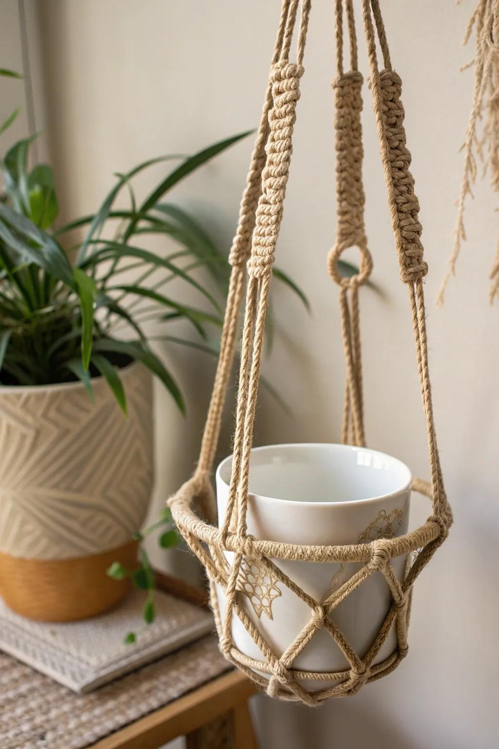 Elevate your area with this boho-inspired suspended cord mug accommodation - where simplicity meets natural beauty.