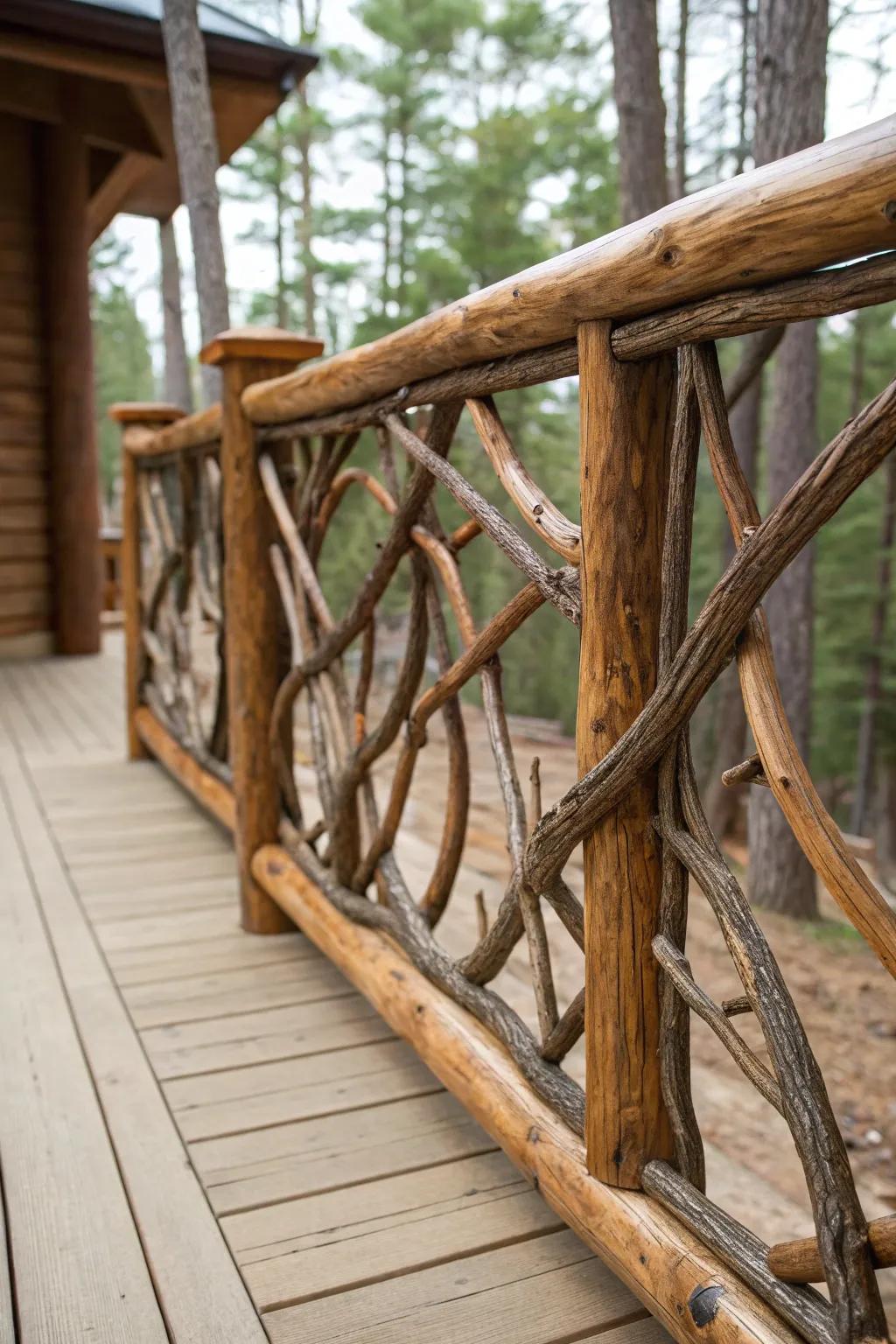 Accept country beauty with handmade limb and lumber railings.