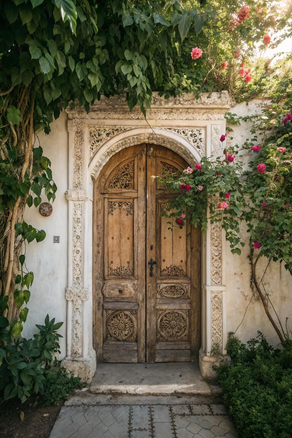 Transform your garden with an antiquated timber entrance archway, infusing a hint of bohemian charm.