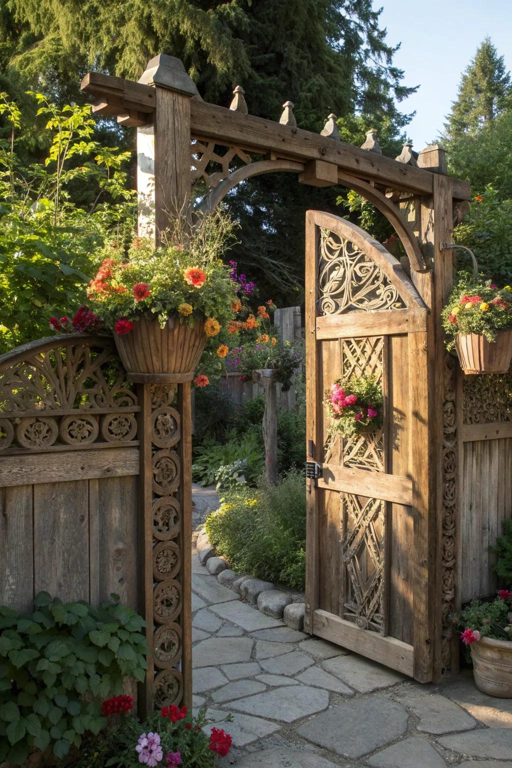 Step into a realm of floral charm with this exquisitely crafted garden gate.