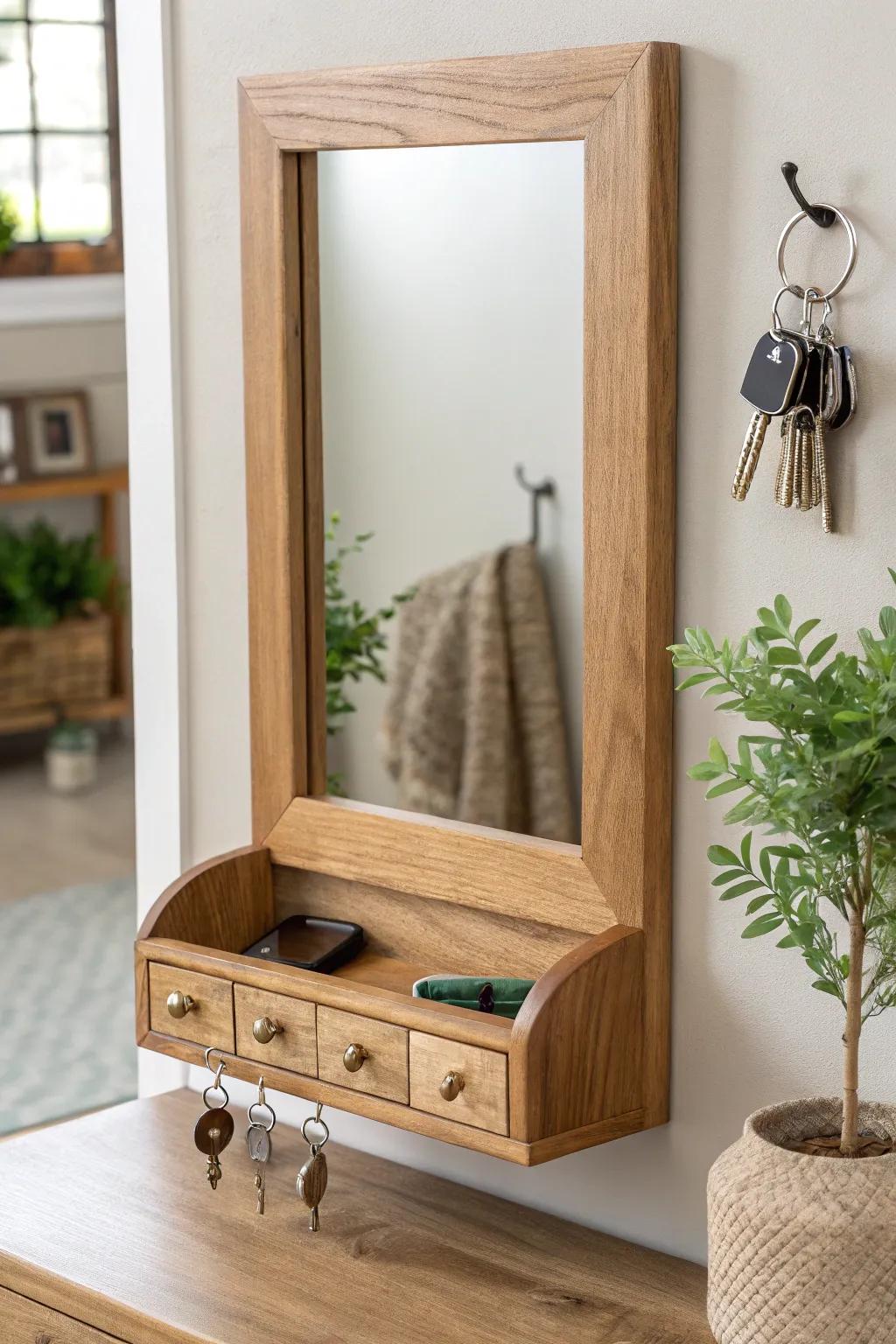 Elevate your entryway with a multifunctional shelf mirror that combines style and utility effortlessly.