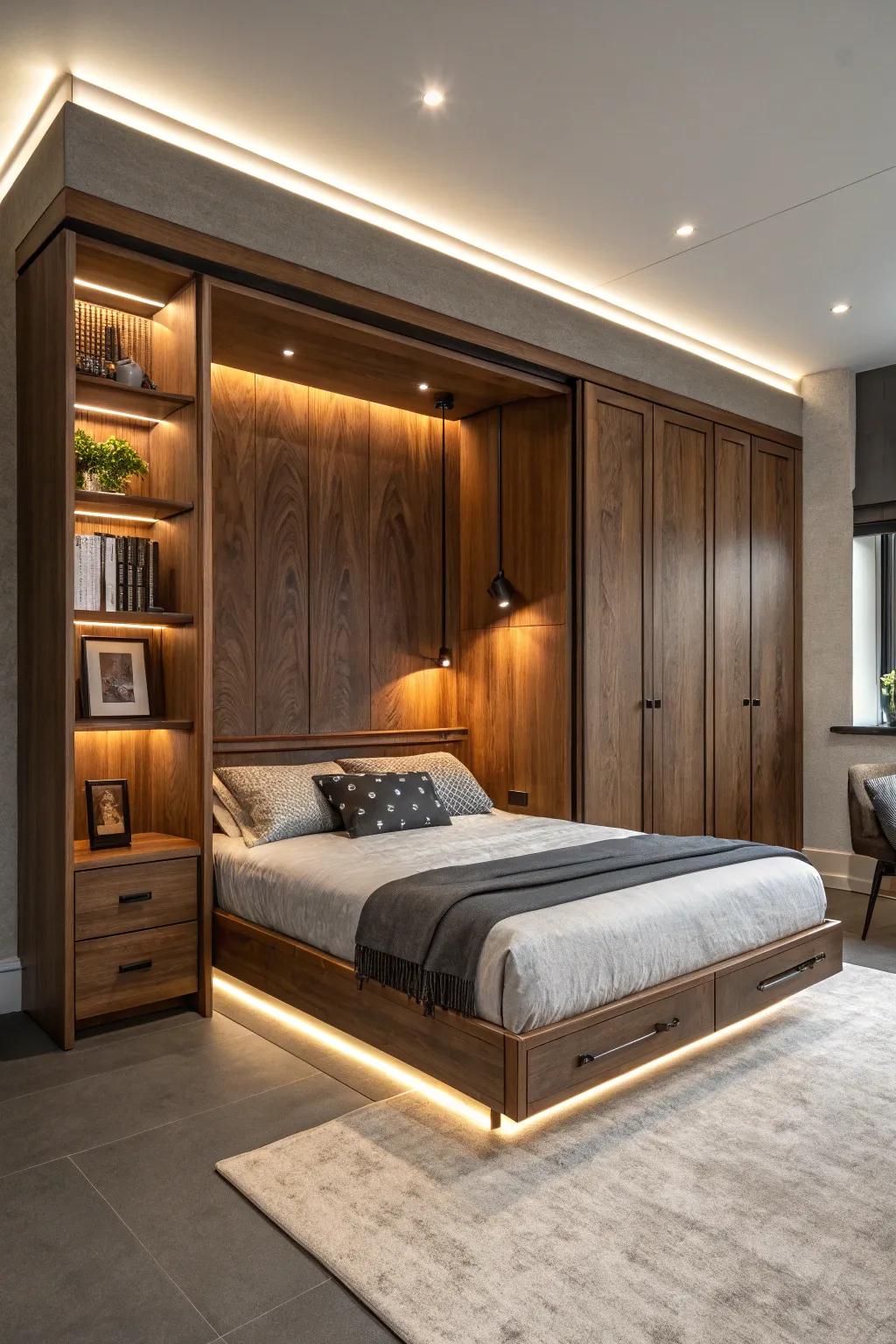 Illuminate your area with the sophisticated charm of a Murphy bed showcasing custom integrated lighting.