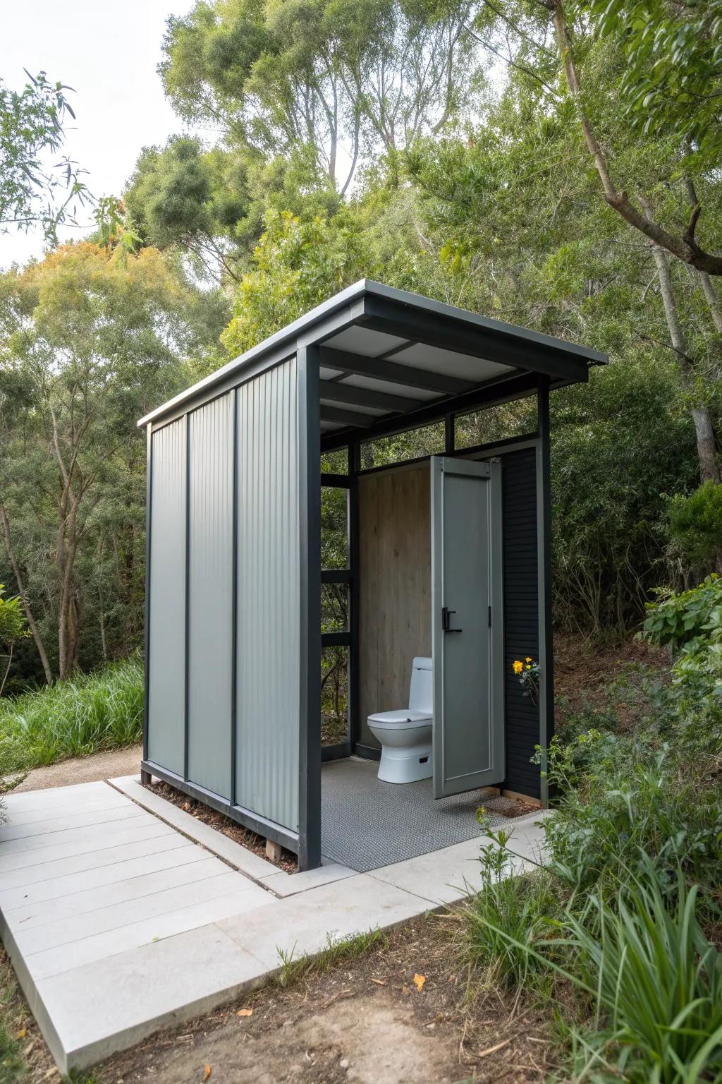 Embrace the sophistication of simplicity with this minimalist outdoor restroom design—where function converges with style effortlessly.