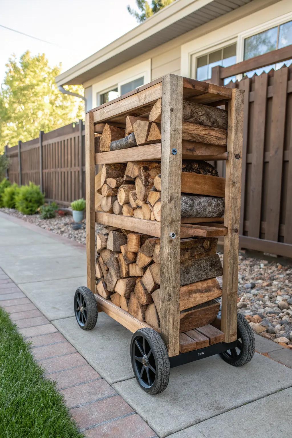 Roll into convenience with a handcrafted mobile pallet firewood rack, perfect for dynamic backyard setups.