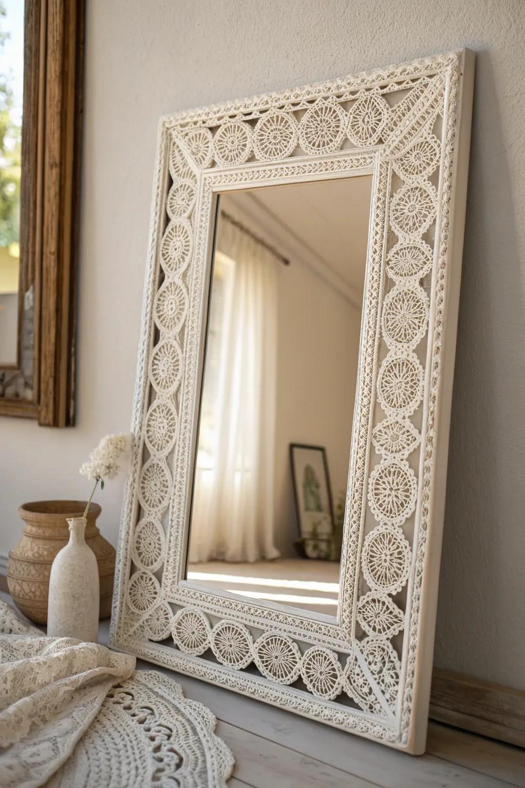 Transform your area with a touch of romance: DIY net overlay mirror frame.