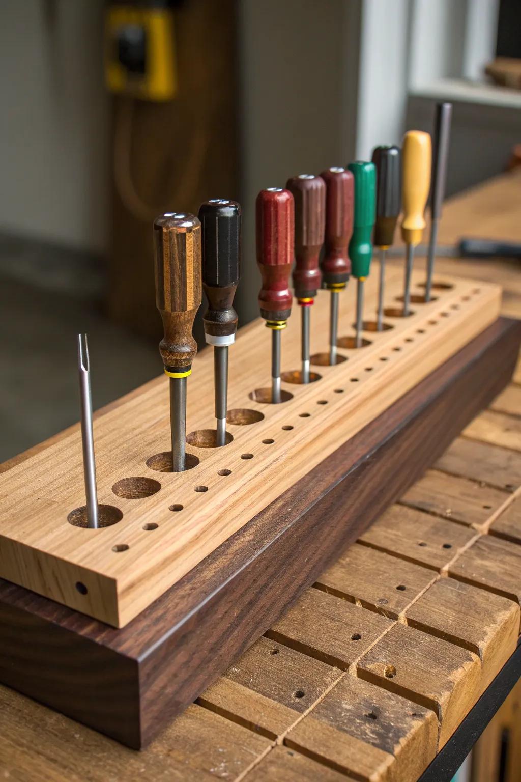 Arrange with elegance: A handcrafted slotted shelf for your screwdriver assortment.