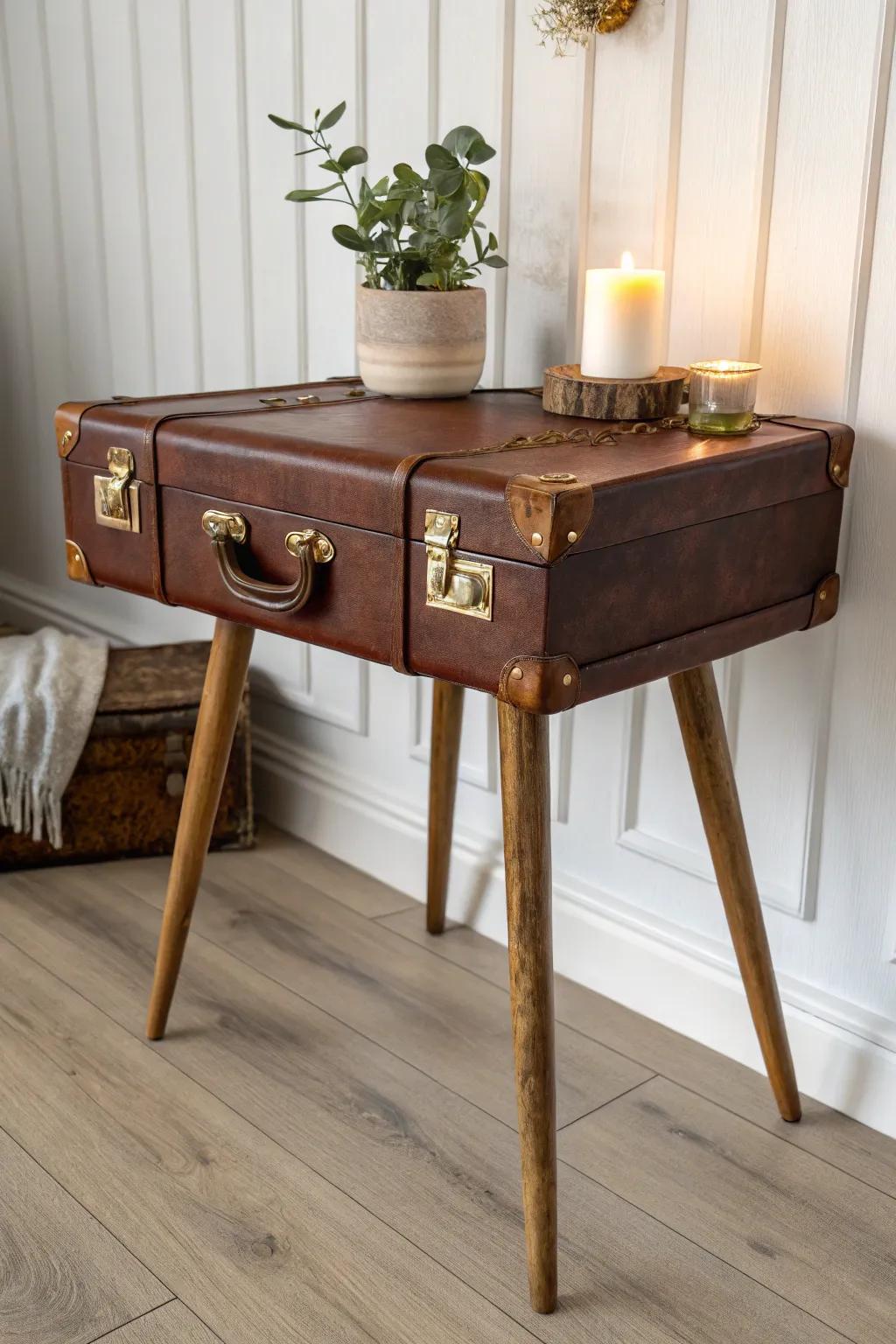 Transfigure a thrifted valise into a stunning side table masterpiece. #DIYDecor #VintageCharm