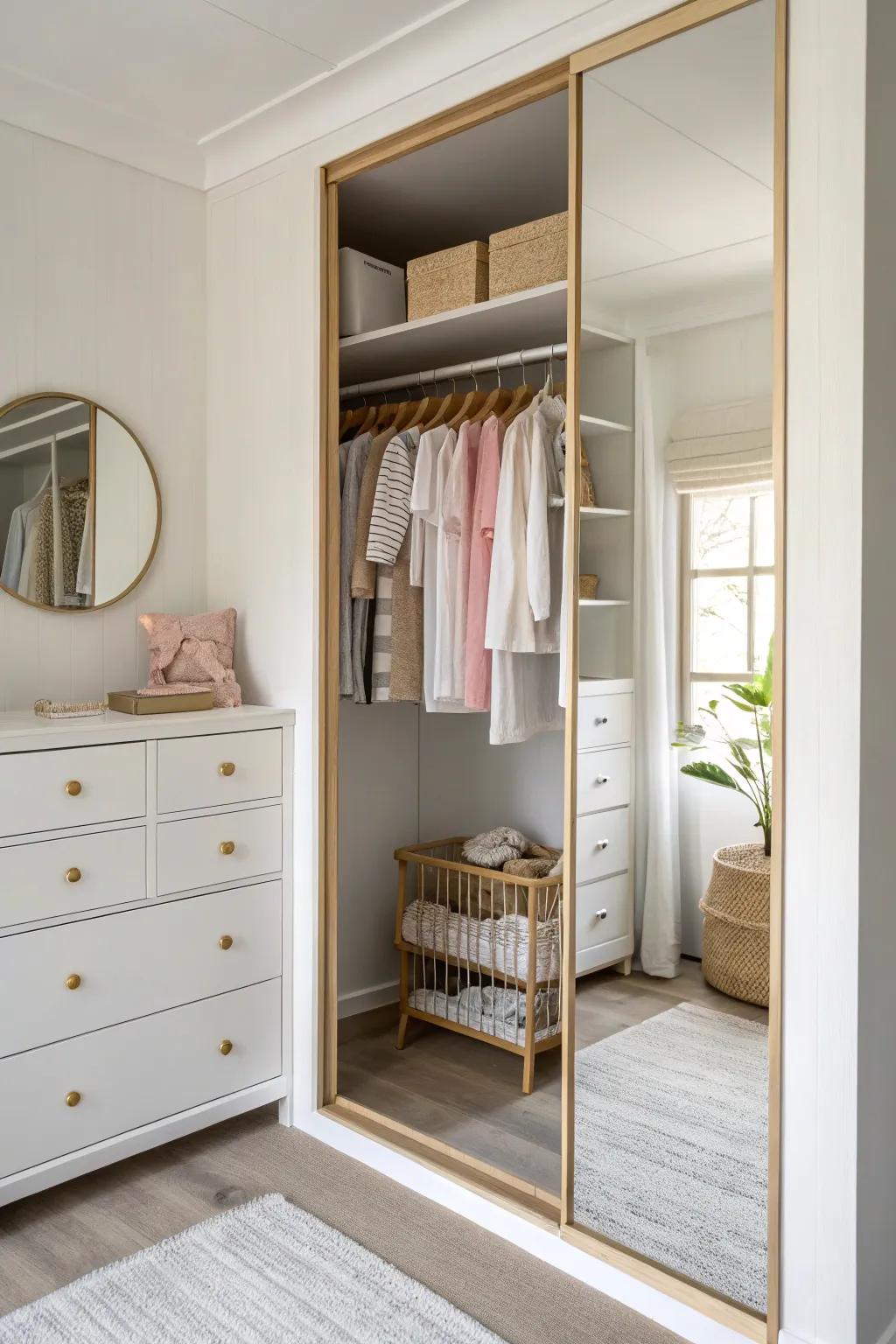 Revamp your petite baby closet with a mirrored back panel for added dimension and elegance. #ScandinavianBeauty #MinimalistDesign
