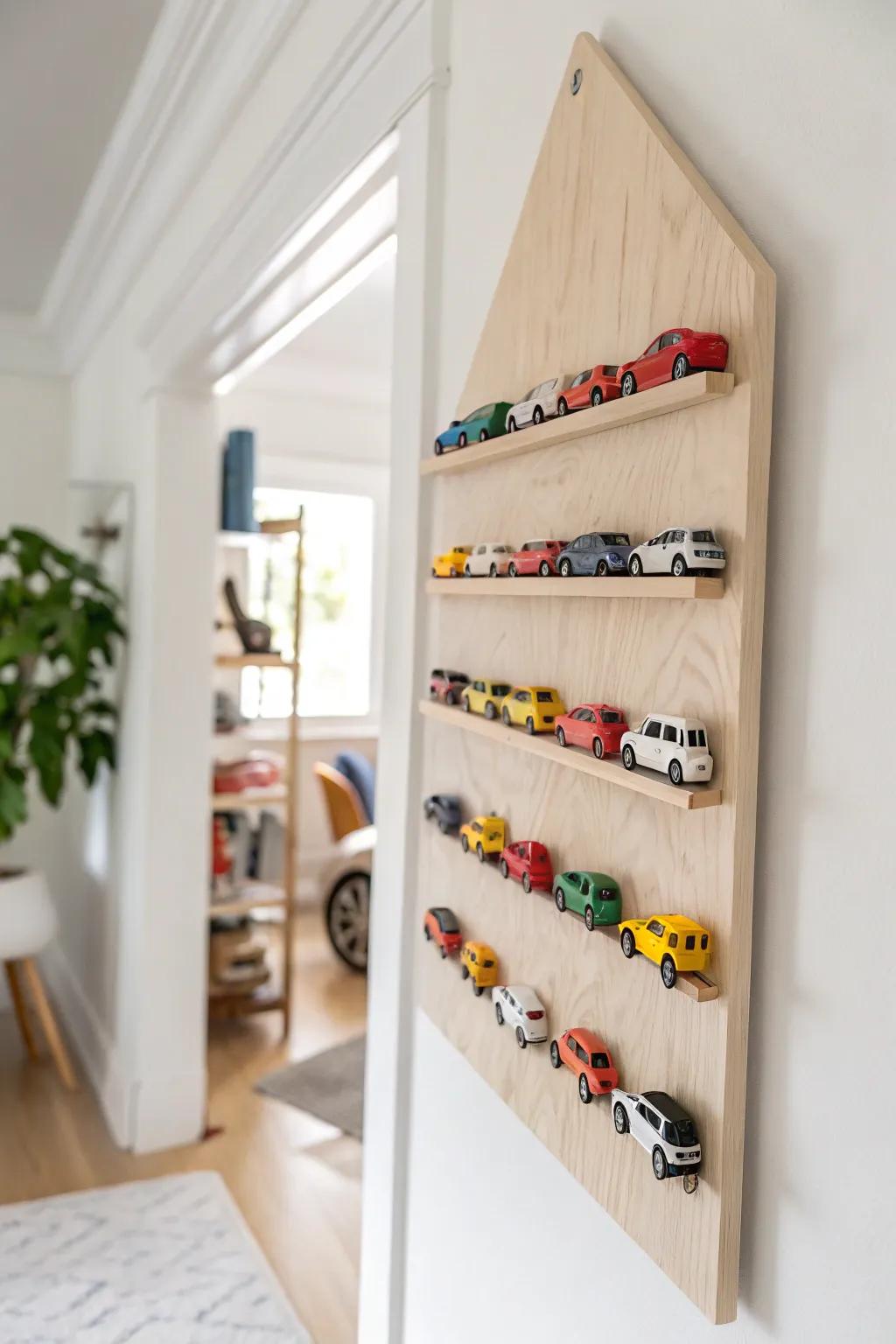 Transform tidying into playtime using this stylish DIY magnet panel for toy cars—a perfect blend of Scandinavian simplicity and Boho charm.