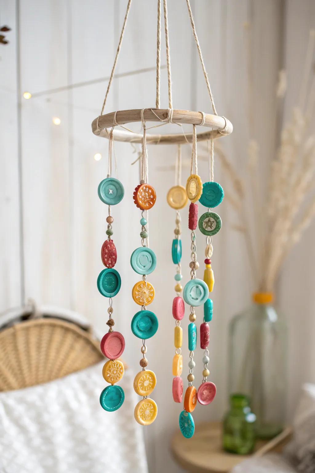 Add a burst of color and creativity to your space with this charming DIY cap wind chime!