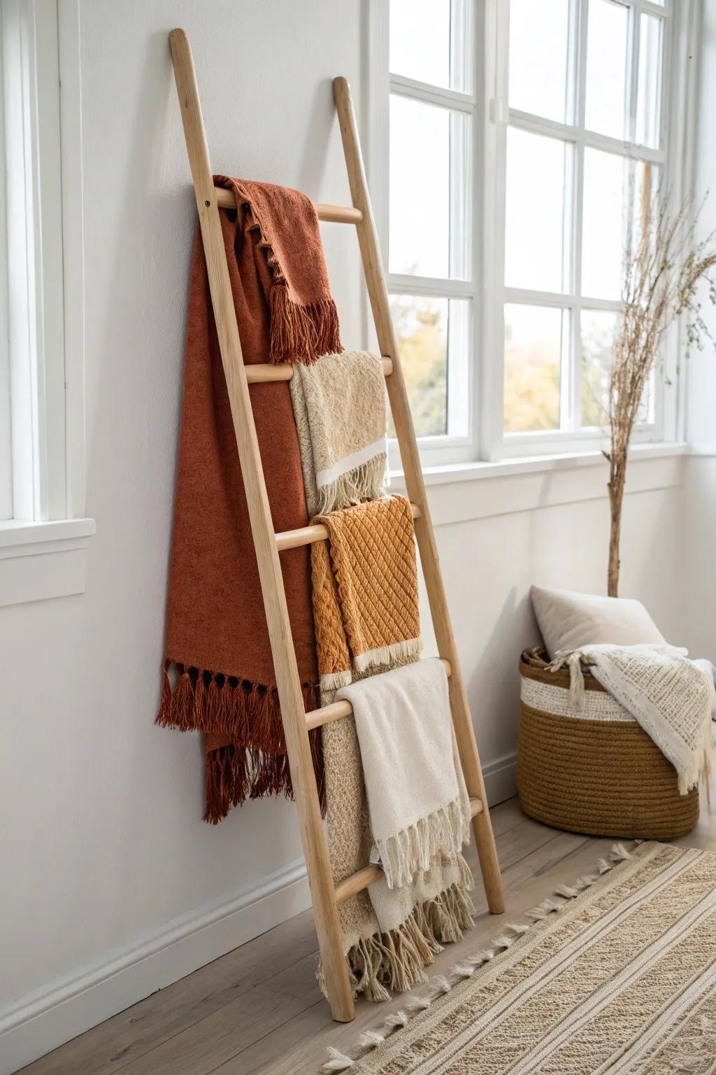 Revamp your living space with an artisanal blanket perch, uniting minimalist sophistication with artistic warmth.