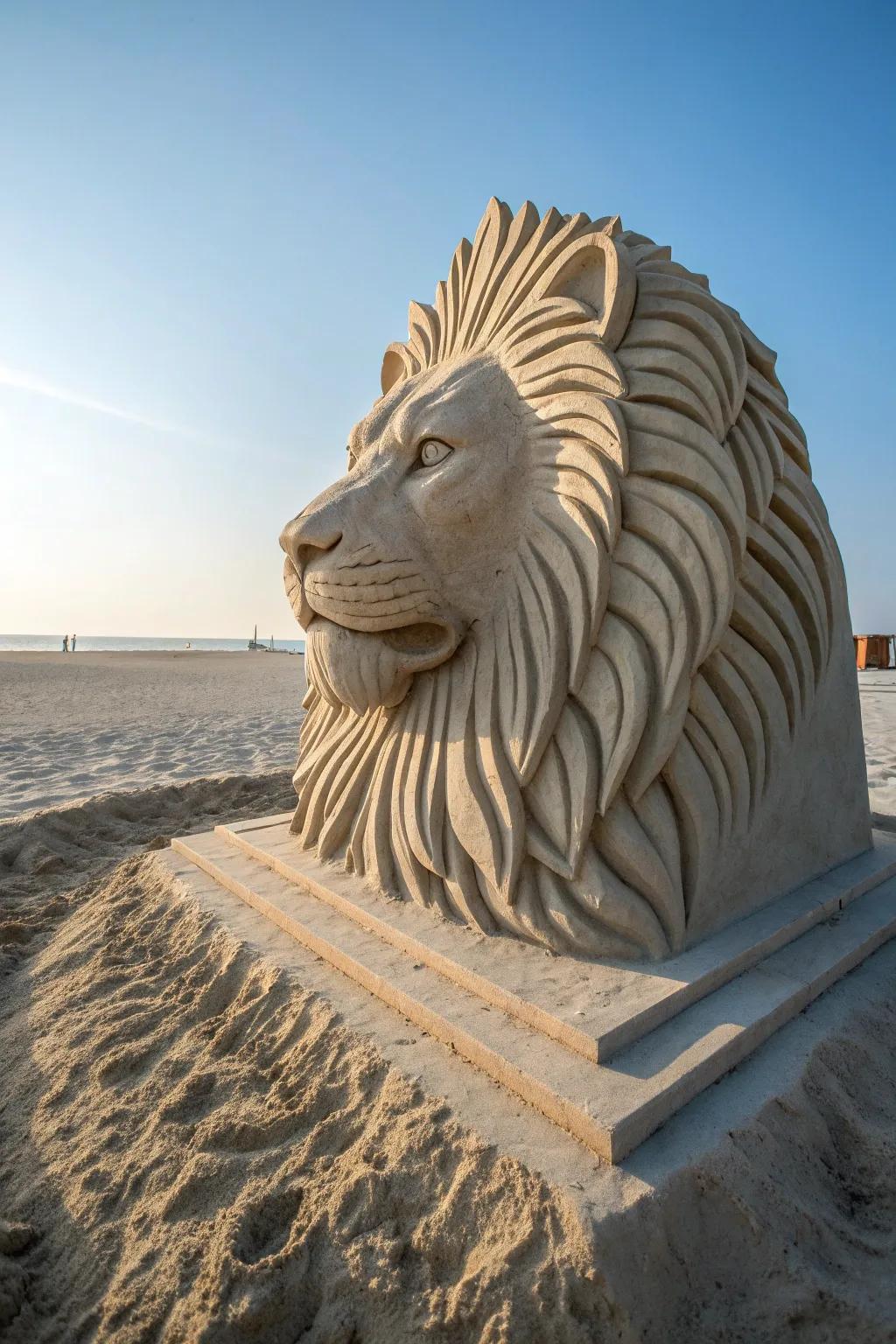 Unleash your inner artist with this breathtaking savanna king sand sculpture, where simplicity melds with striking splendor.