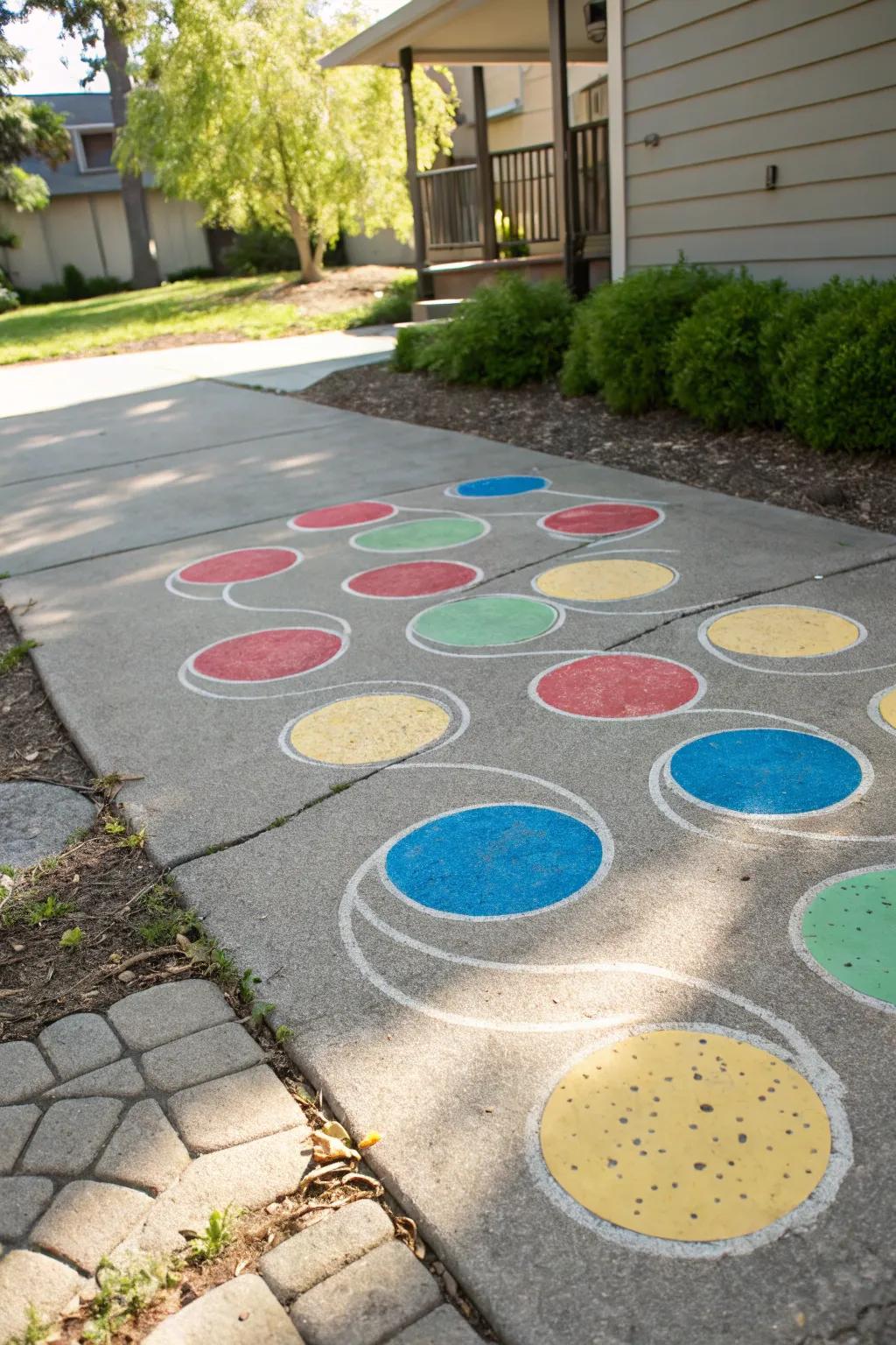 Transport joy and movement to your driveway with a vibrant DIY chalk Twister game!