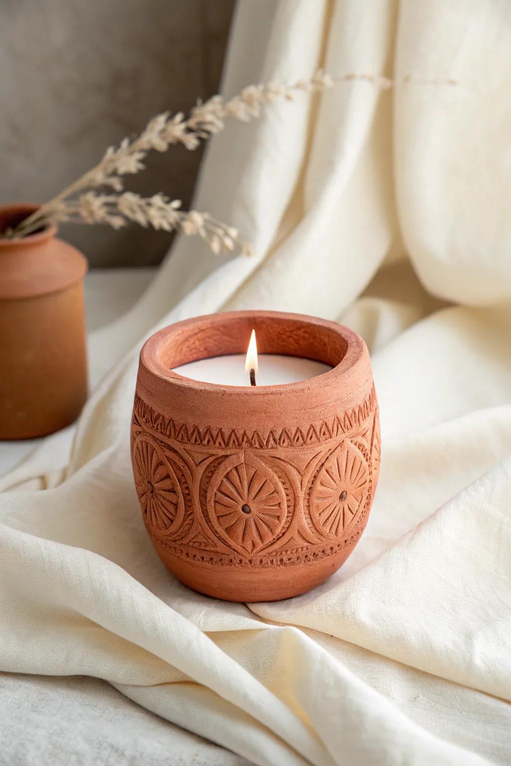 Sculpted refinement: Minimalist clay lantern featuring a bohemian inflection, impeccable for intimate evenings.
