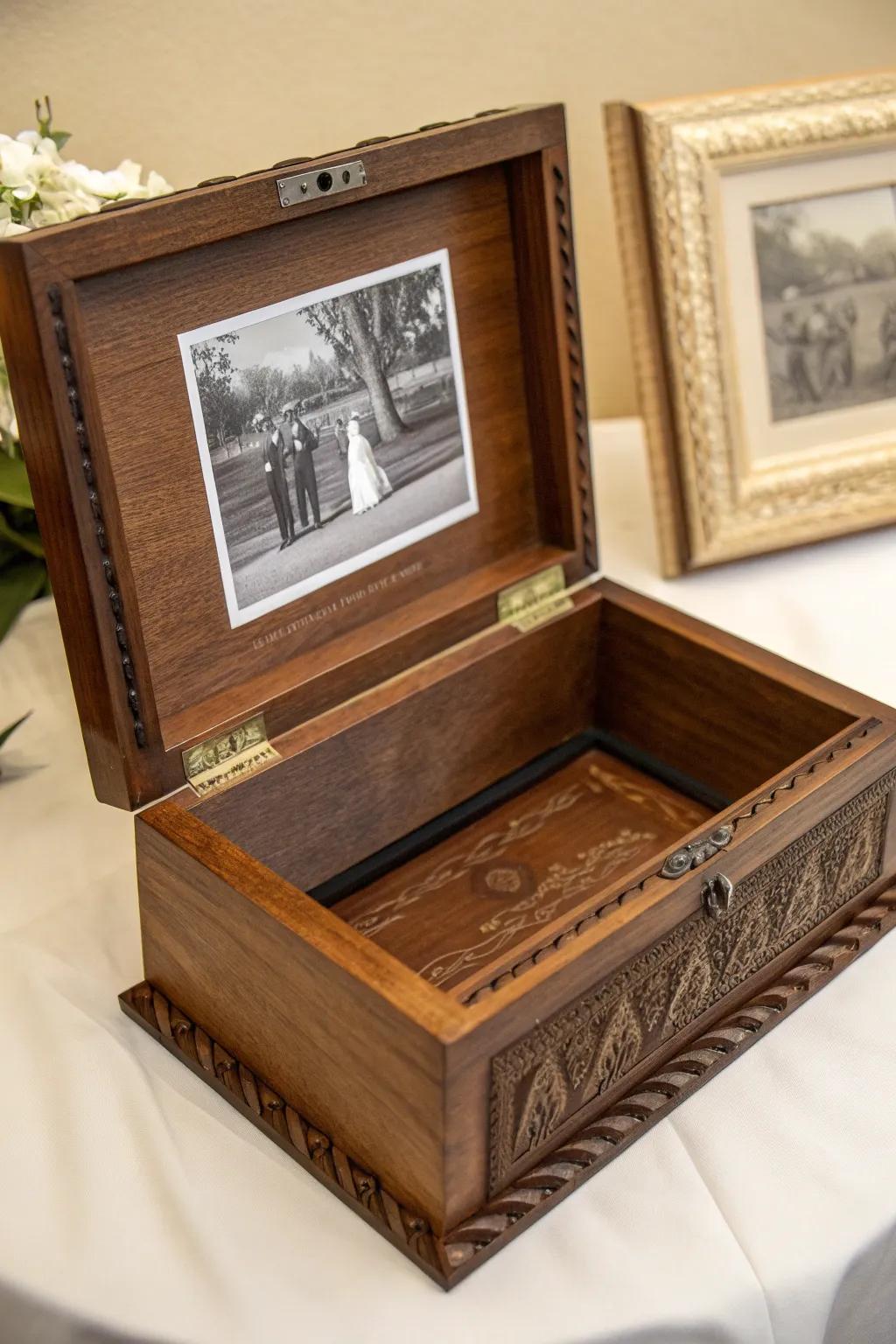 Transform heritage into artistry with a handcrafted wooden container visual display.