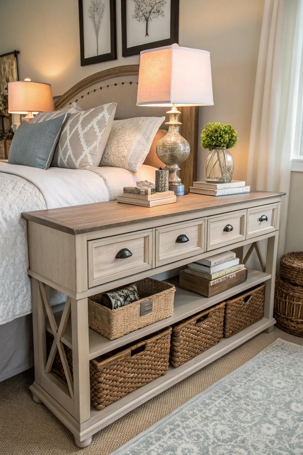 Console tables offer versatile end-of-bed storage.