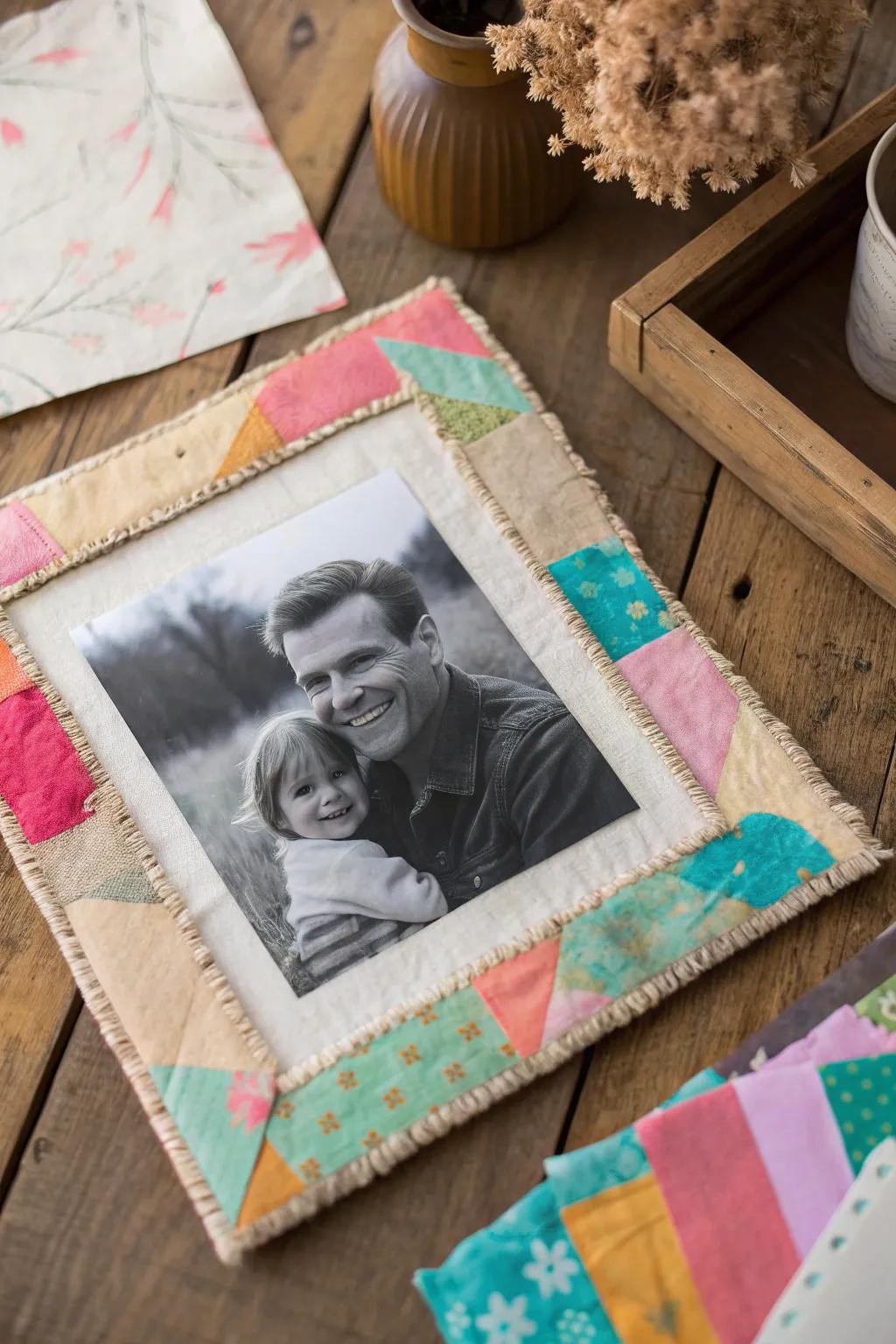 Design a Father's Day composition that narrates a tale through mixed media artistry.
