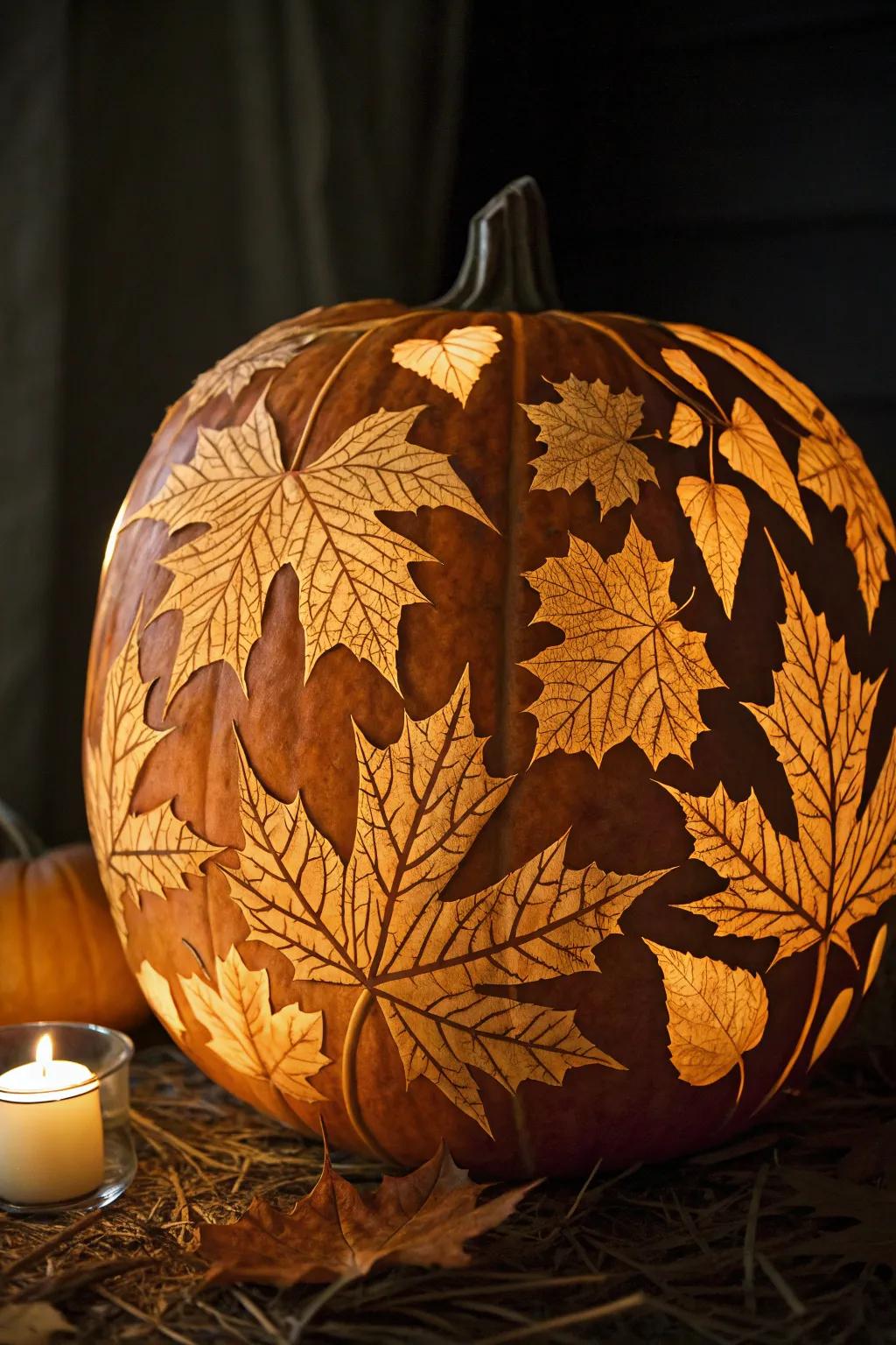 Brighten your autumnal nights through the timeless allure of foliage-patterned pumpkin sculptures.