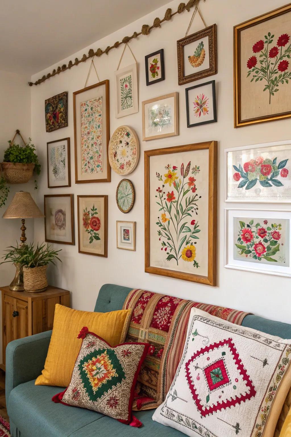 An eclectic mix of frames creates a playful, vibrant display.
