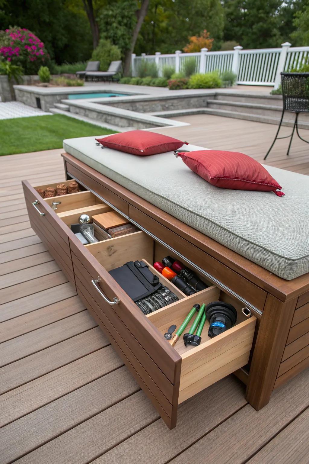 Uncover the elegance of discreet organization through concealed stowage in your deck's blueprint.