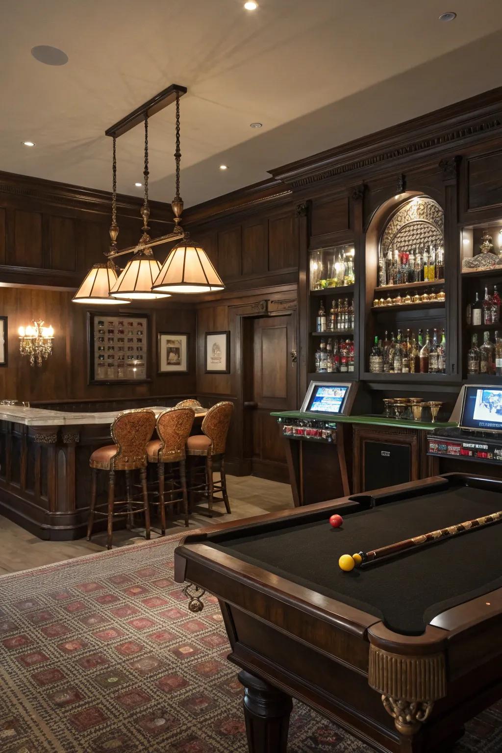 A classic underground club mood offers elegance and nostalgia in your game room.
