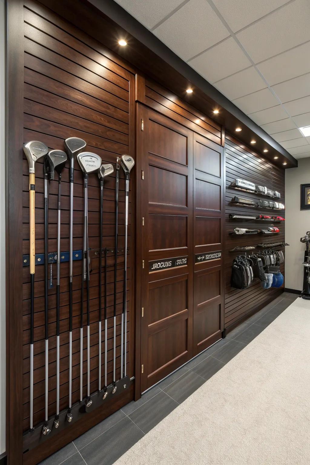 With a stylish garage slatwall arrangement that keeps your clubs ready for play, elevate your golf experience.