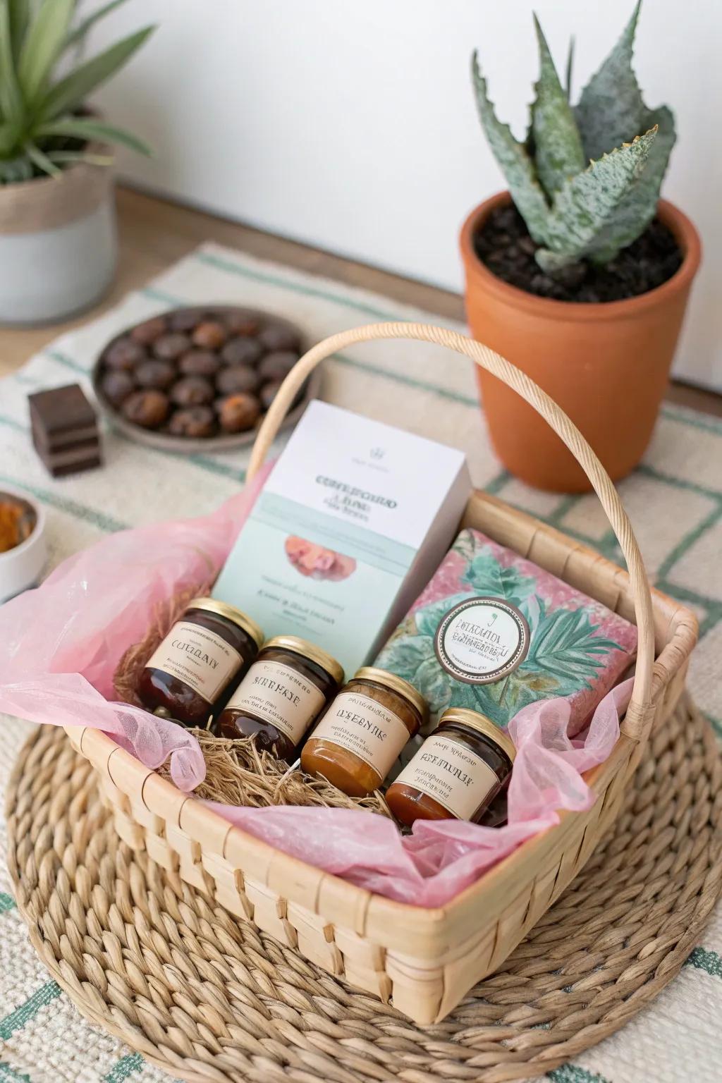 Elevate your gifting with a gourmet delight basket, beautifully organized with pastel paper dividers. #GiftBasketIdeas #MinimalistBoho