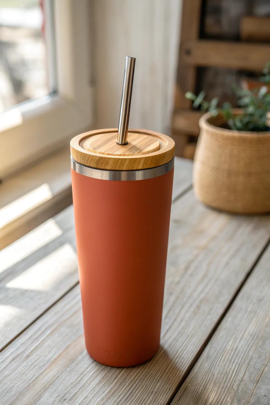 Sip responsibly and stylishly with this chic terracotta tumbler, ideal for the environmentally mindful and design-savvy.