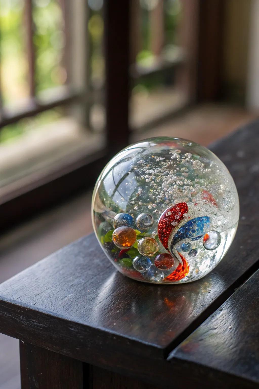 Uncover the art of glass within a miniature realm via this exquisite handcrafted paperweight.