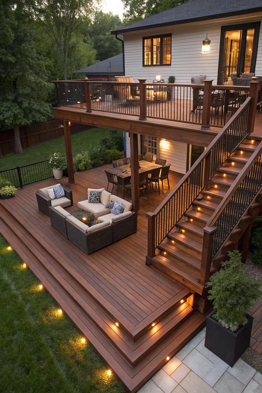 Elevate Your Outdoor Living Through This Striking Multi-Tiered Deck Layout, Wherein Artistry Intersects Comfort.