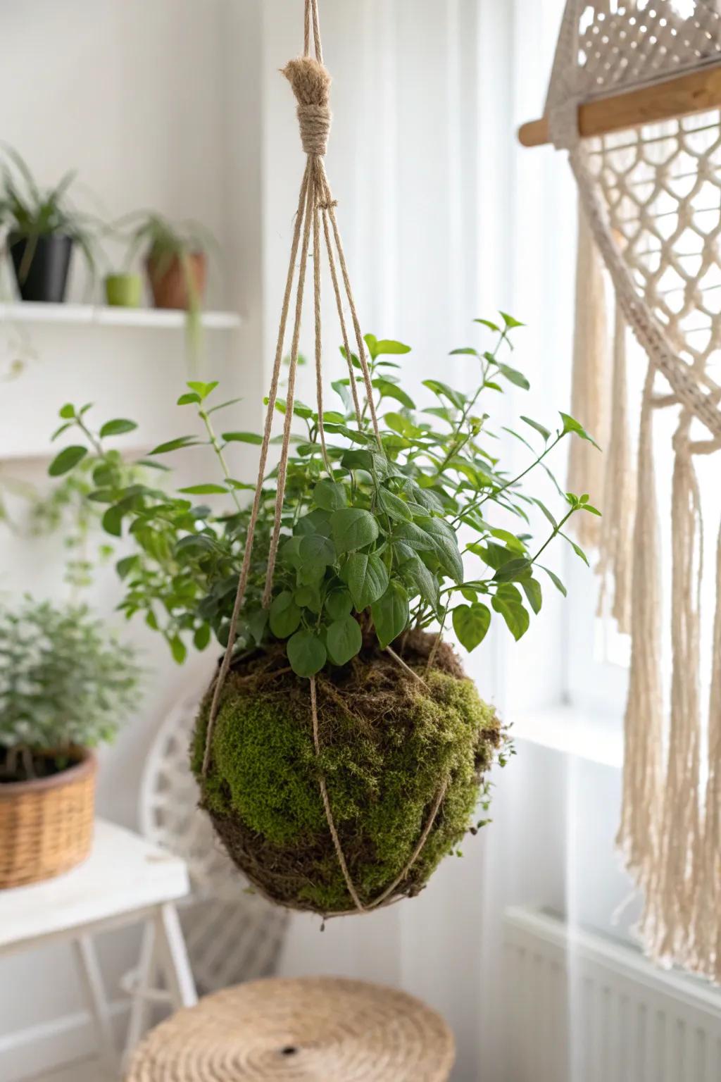 Enrich your internal garden with the artful simplicity of moss orb herbs.