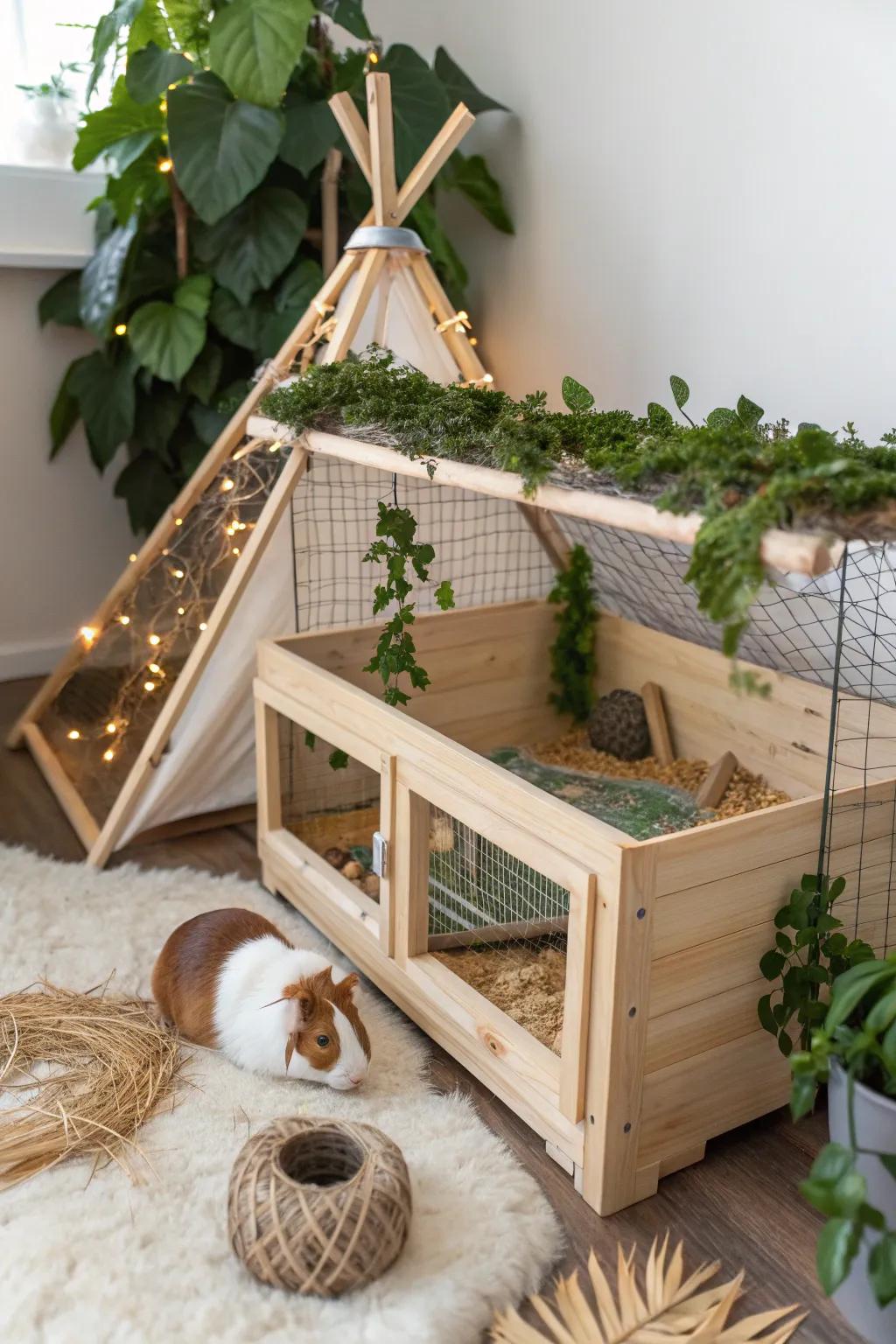 Transform your guinea pig's dwelling into a snug woodland retreat with minimalist flair and bold accents!