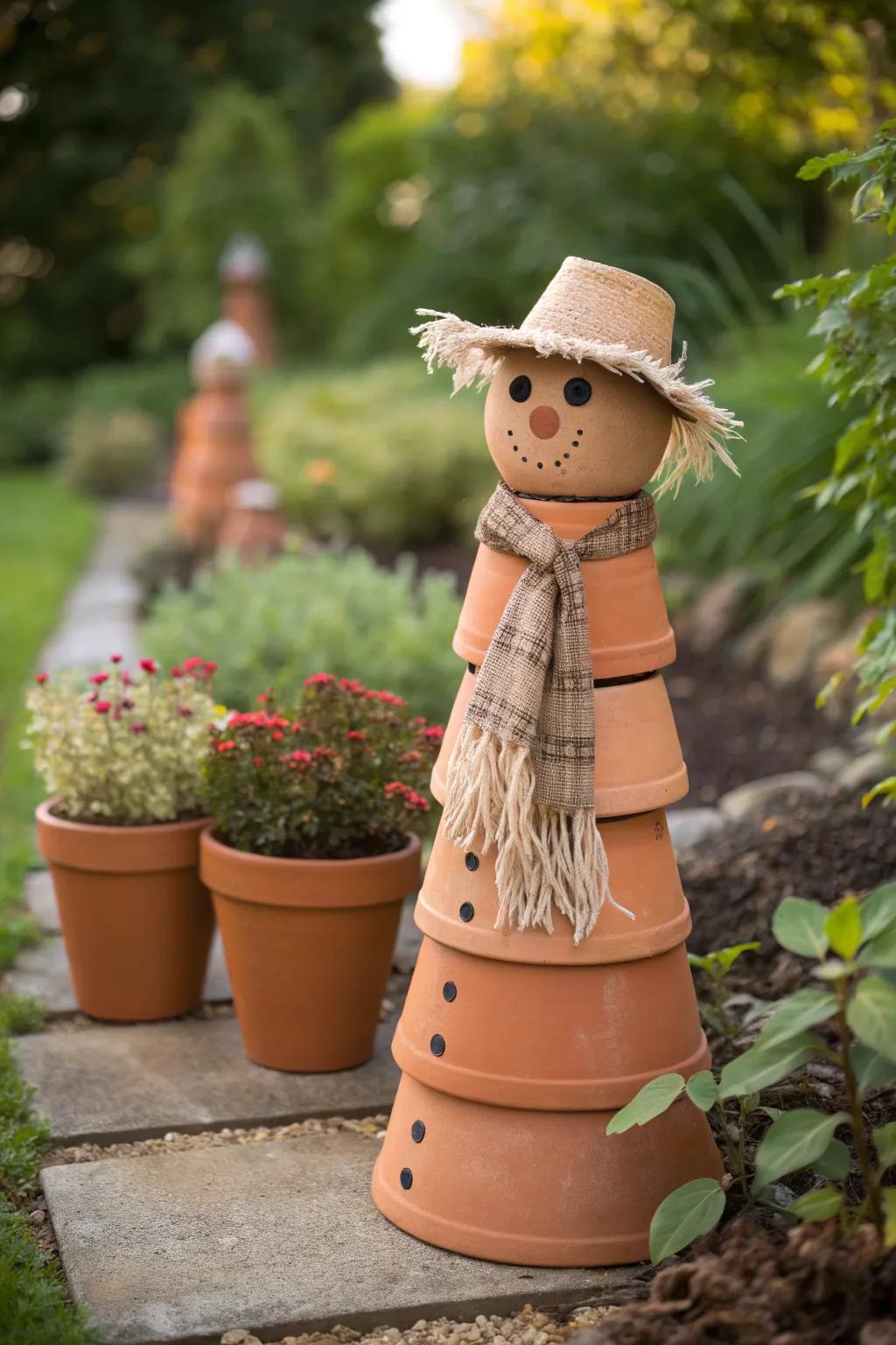Celebrate modern Halloween charm with a minimalist terracotta pot scarecrow for your garden.