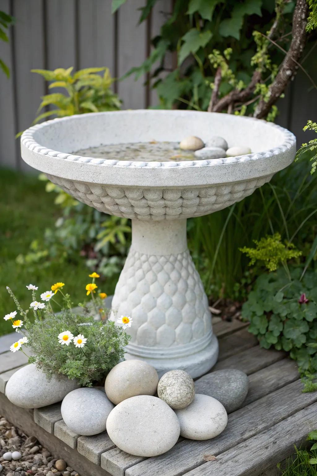 Elevate your garden through this singular cushion wrap textured birdbath, wherein minimalist design converges with bohemian flair.