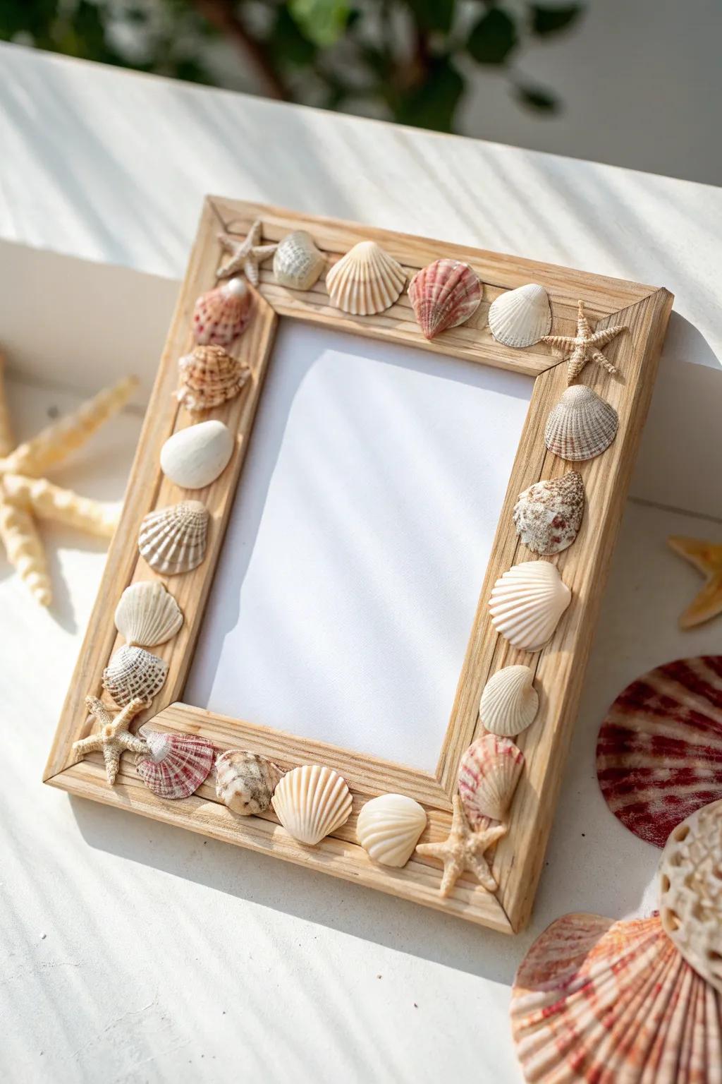 Embrace the coastal magnetism with this seashell-adorned frame, ideal for capturing summer recollections in Scandinavian fashion.