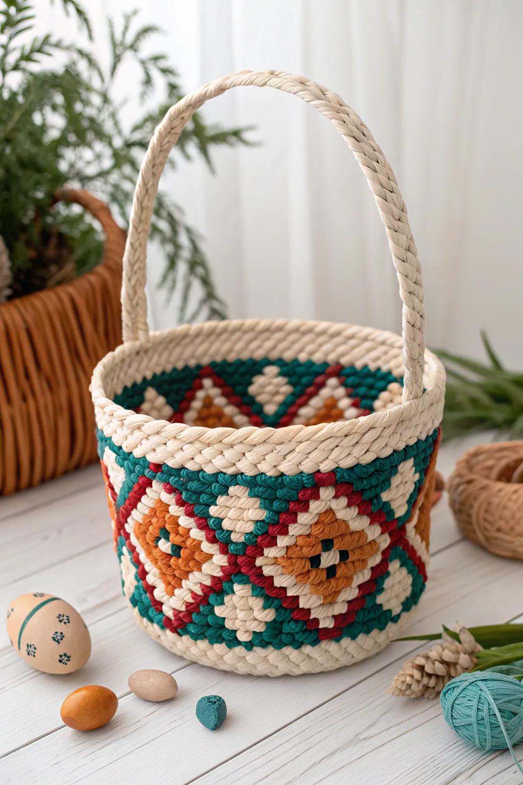 Uncover the sophistication of minimalist craftsmanship with this stunning polymeric fabric Easter basket, impeccable for incorporating a hint of bohemian charm to your festivities.