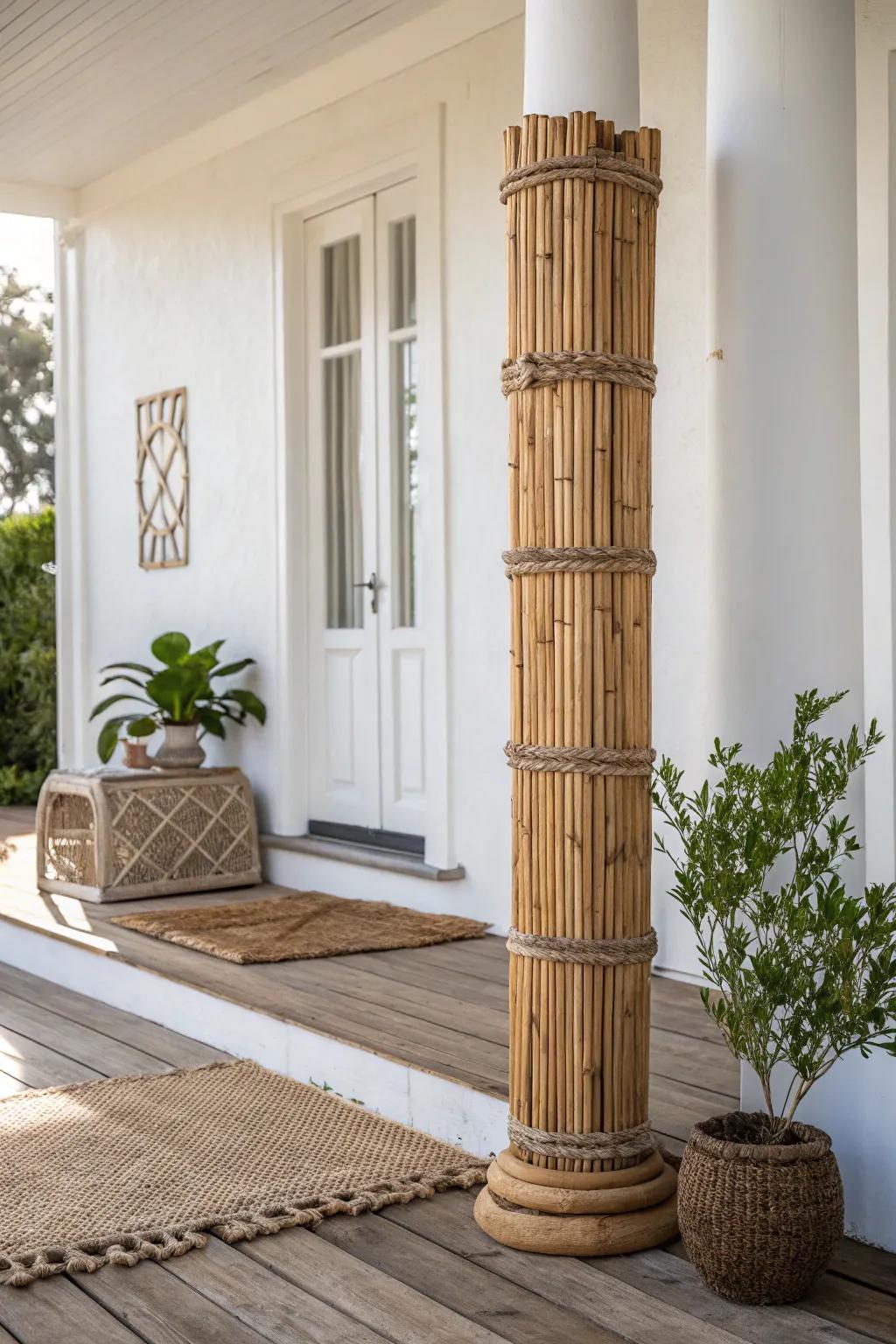 Transform your porch into a tranquil haven via the innate splendor of bamboo-wrapped columns.