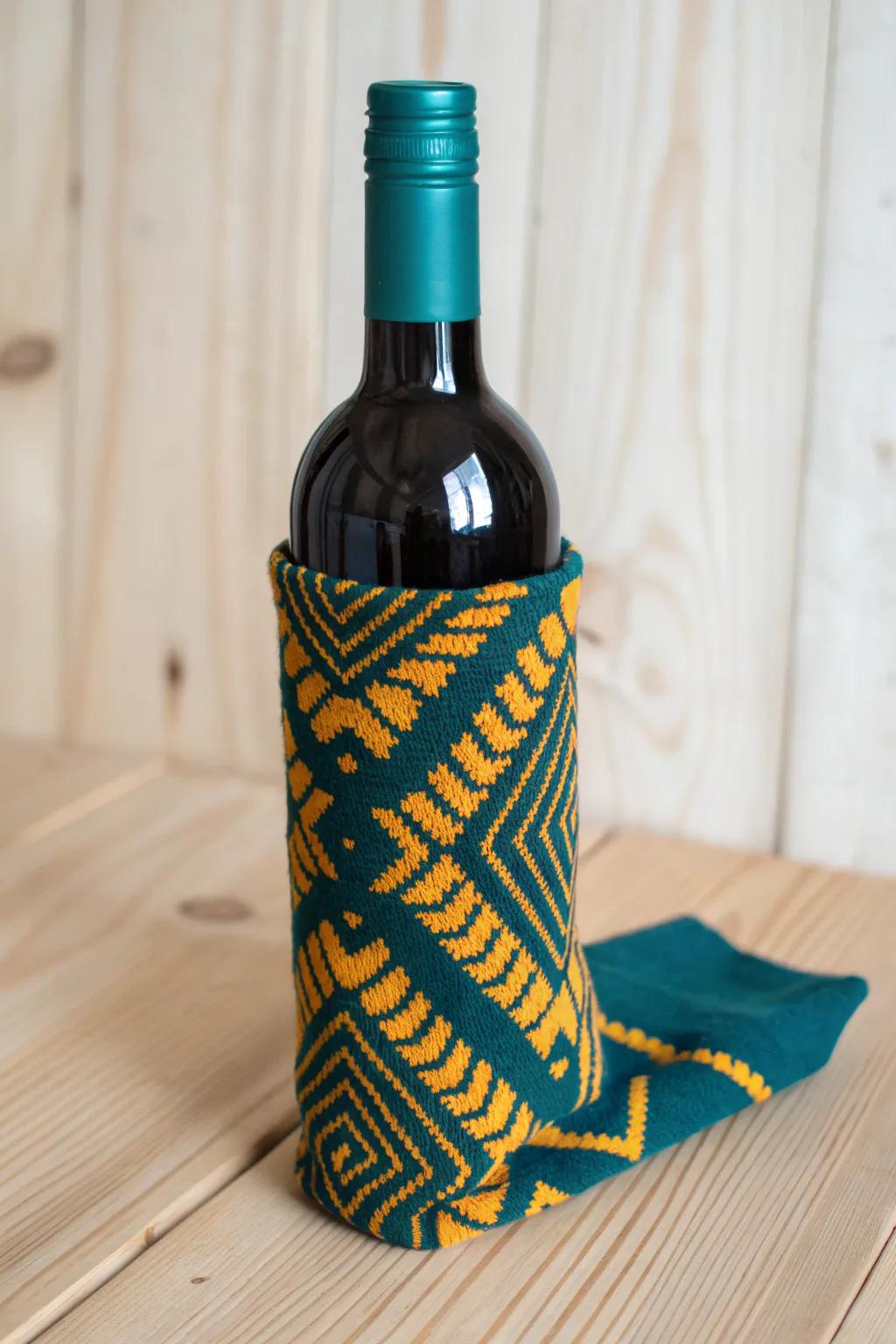 Enclose it elegantly: A warm and vivid leg covering transforms a wine bottle into a pleasing present through a surprise!