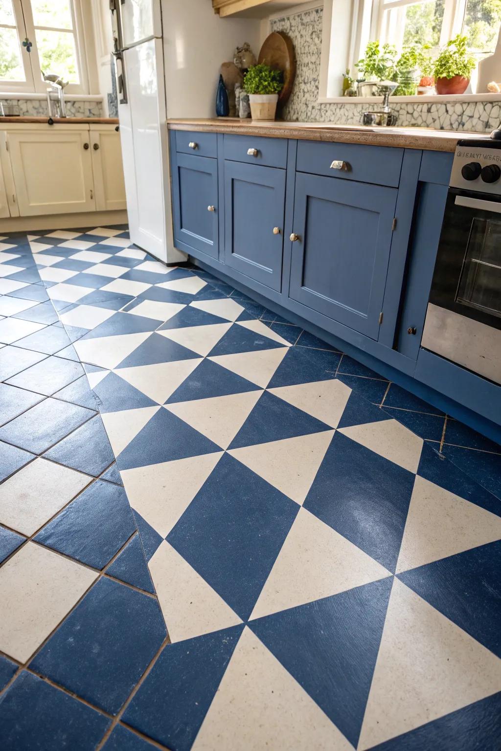 Step into a world of artistry with a stylish checkerboard stencil that turns your kitchen floor into a masterpiece. #FloorFantasies #ScandiBoho