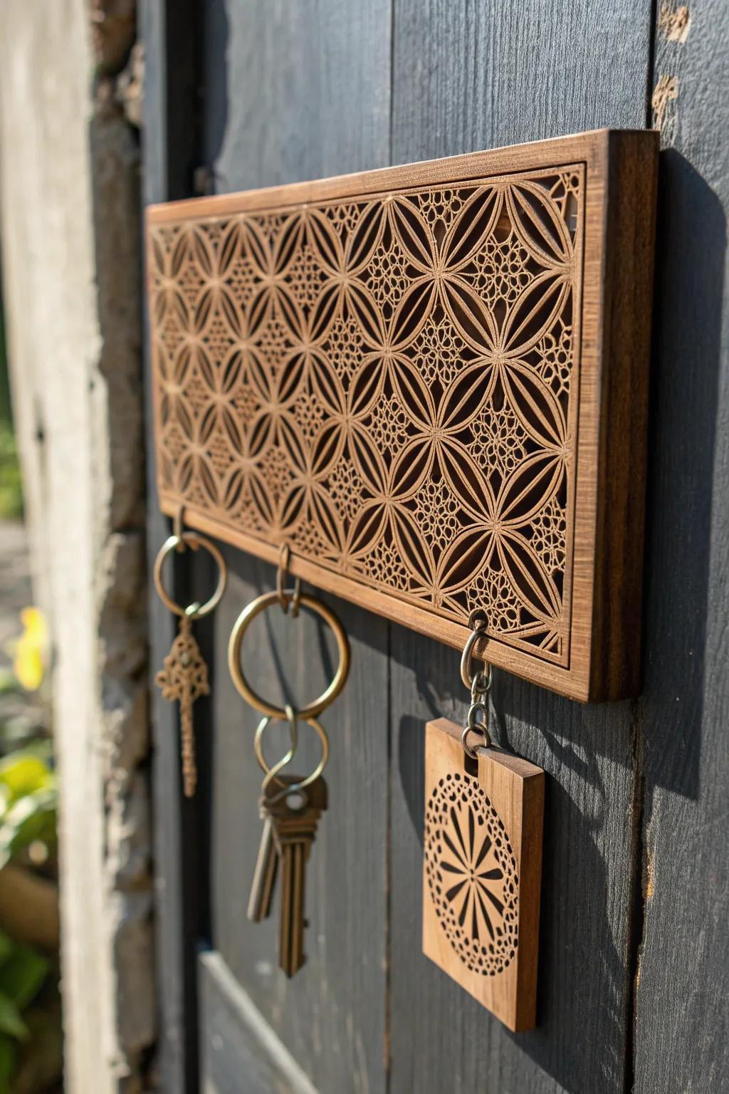 Elevate your entryway with this exquisite exactness etched timber key repository—where functionality converges with artistry.