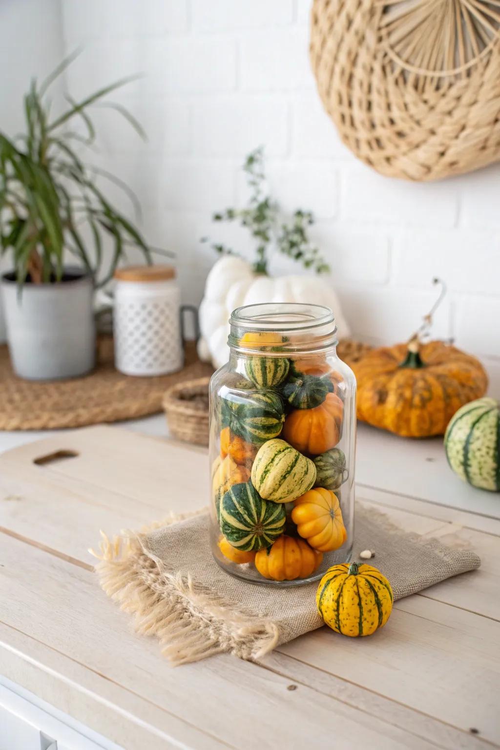 Cherish the autumnal harvest through a breathtaking melon jar presentation that encapsulates the essence of Scandinavian minimalism and bohemian allure.