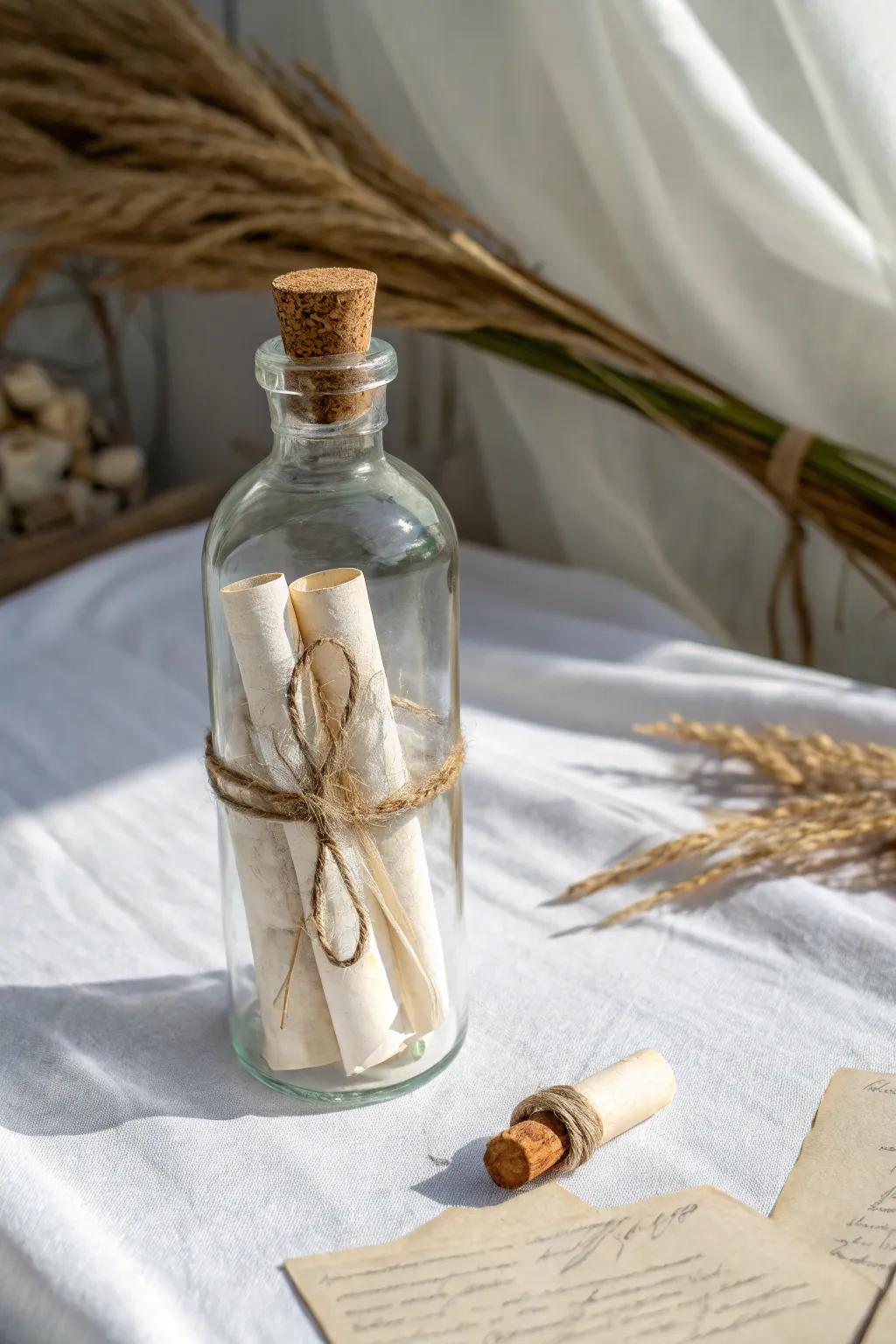 Capture your voyages: A minimalist perspective on the classic bottled missive, imbued with dreams and prospective explorations.