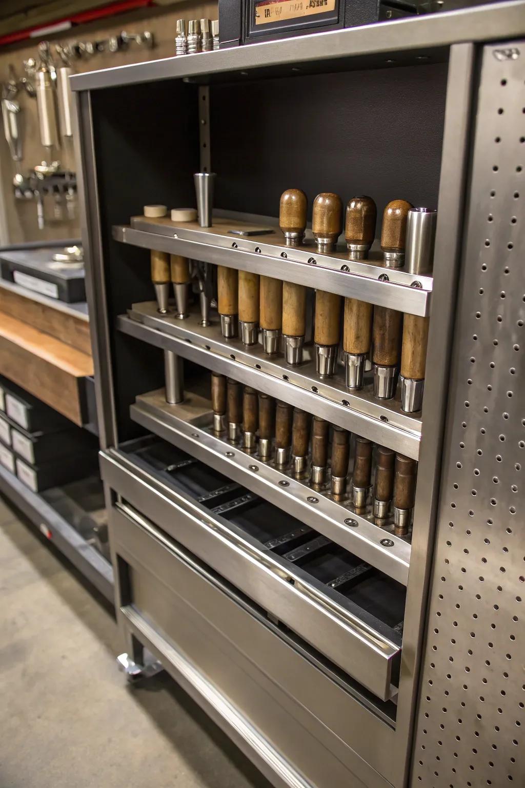 Design Your Perfect Workspace: Discover the Elegance of Adjustable Tool Storage.